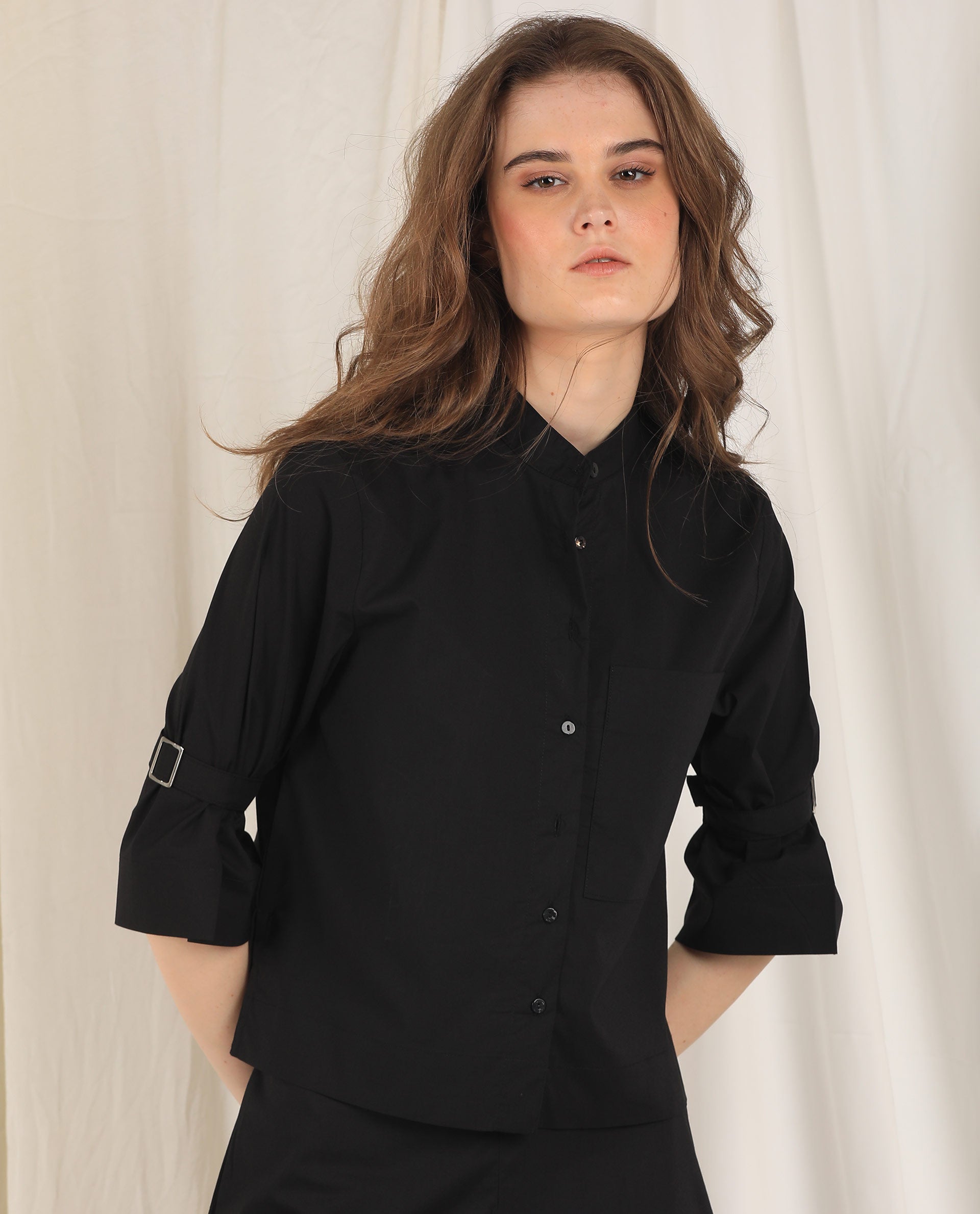 Rareism Womens Sendai Black Top Poly Lycra Fabric Regular Fit Half Sleeve Collared Neck