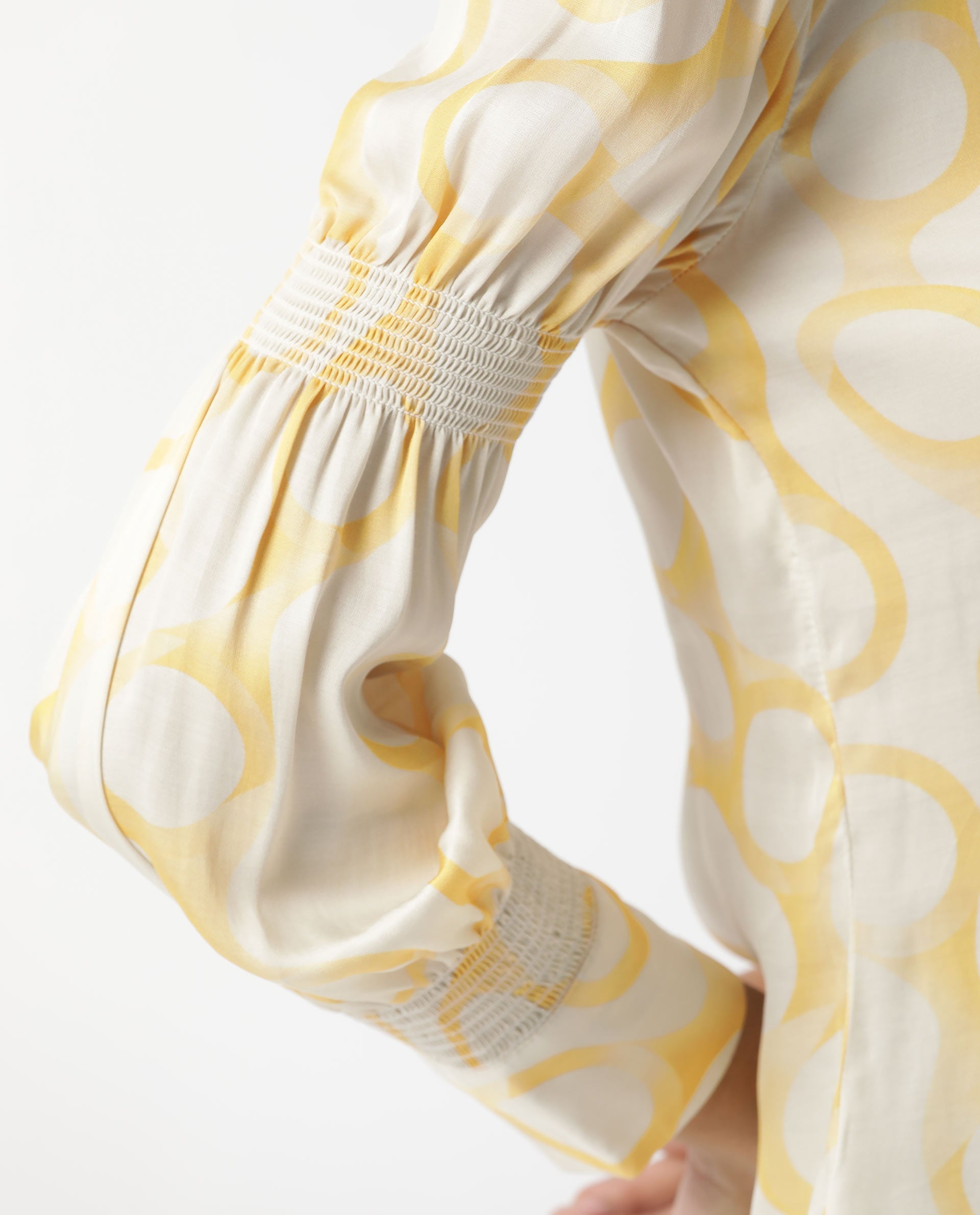 Rareism Women Emm Off White Modal Satin Fabric Slim Fit Ruffled Neck Full Sleeves Print Top