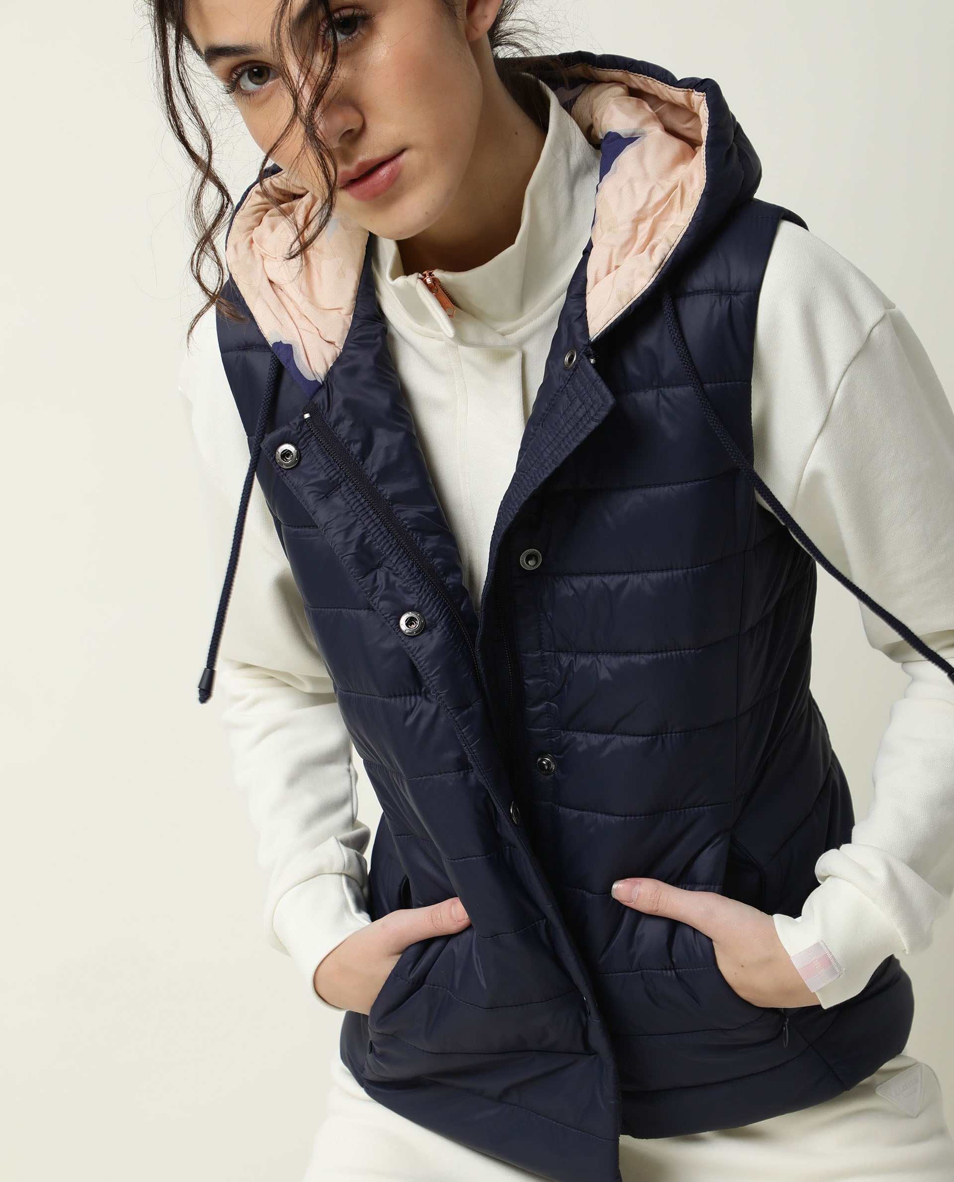 Rareism Women Troop Dark Navy Sleeveless Solid Hooded Jacket