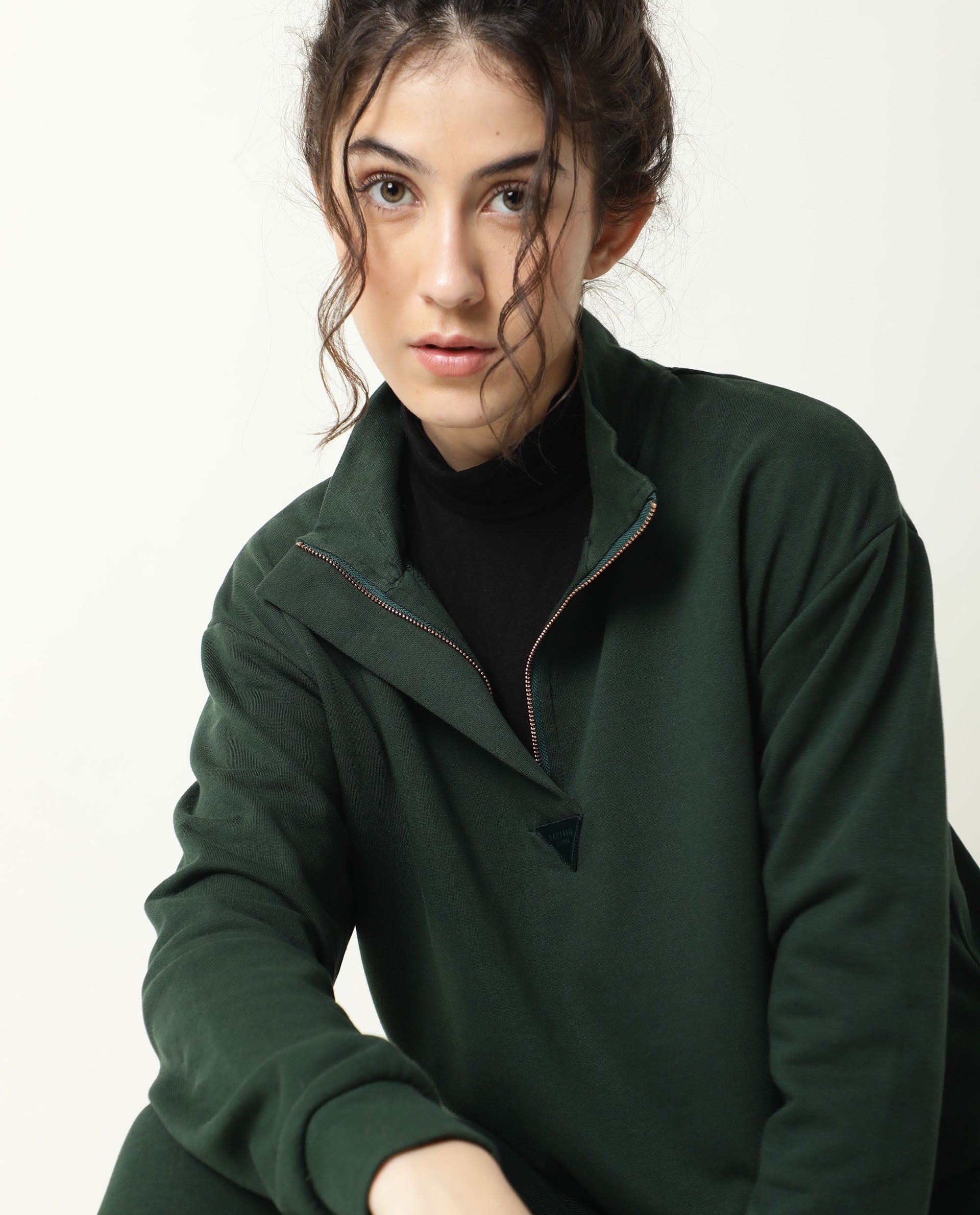 Rareism Women Taffy-1 Green Relaxed Fit Full Sleeves Solid High Neck Sweatshirt