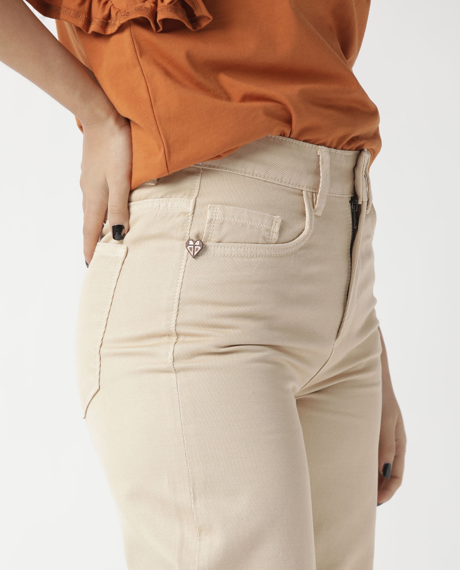 Rareism Womens Ginno Beige Trouser Cotton Fabric Regular Fit Button Closure High Rise Waist Rise Ankle Length