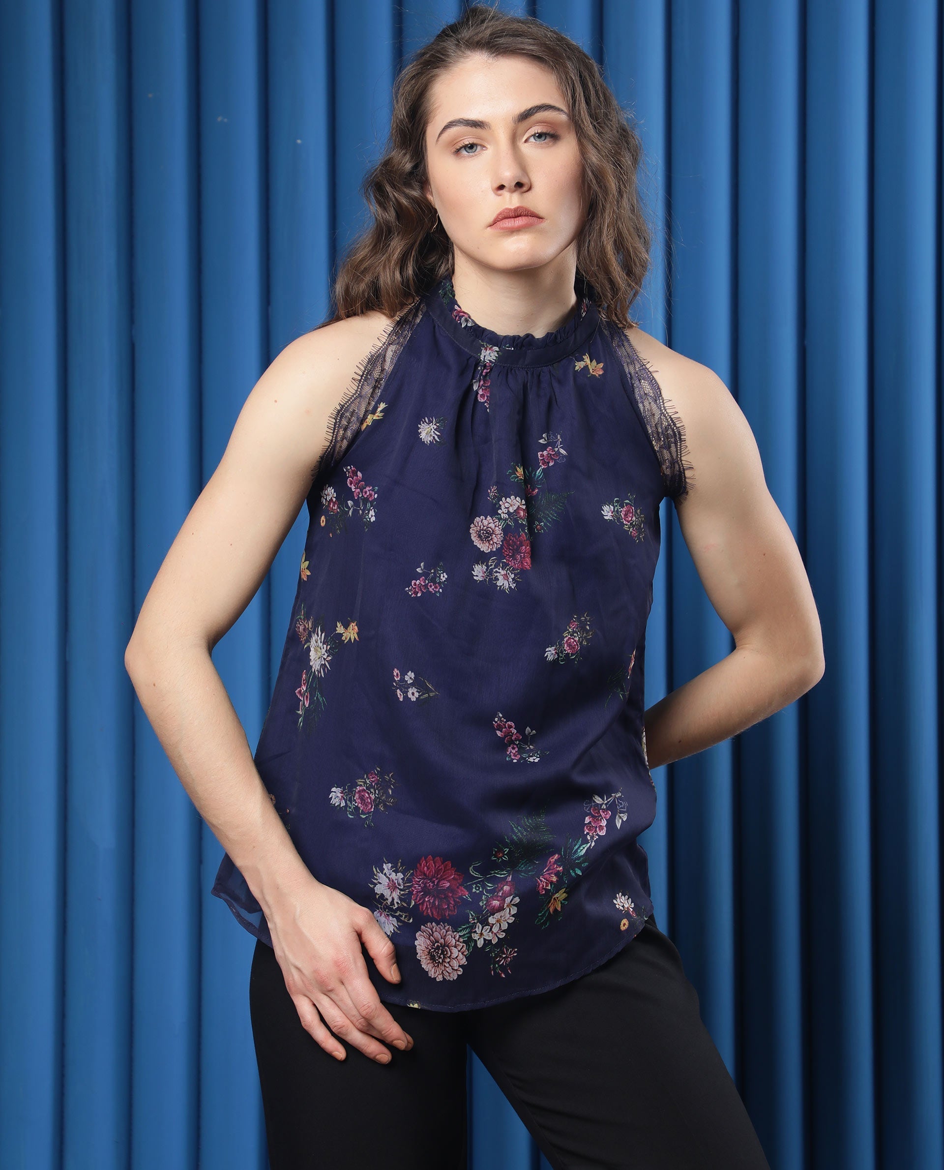 Rareism Women's Delins Blue Polyester High Neck Floral Print Sleeveless Regular Fit Top