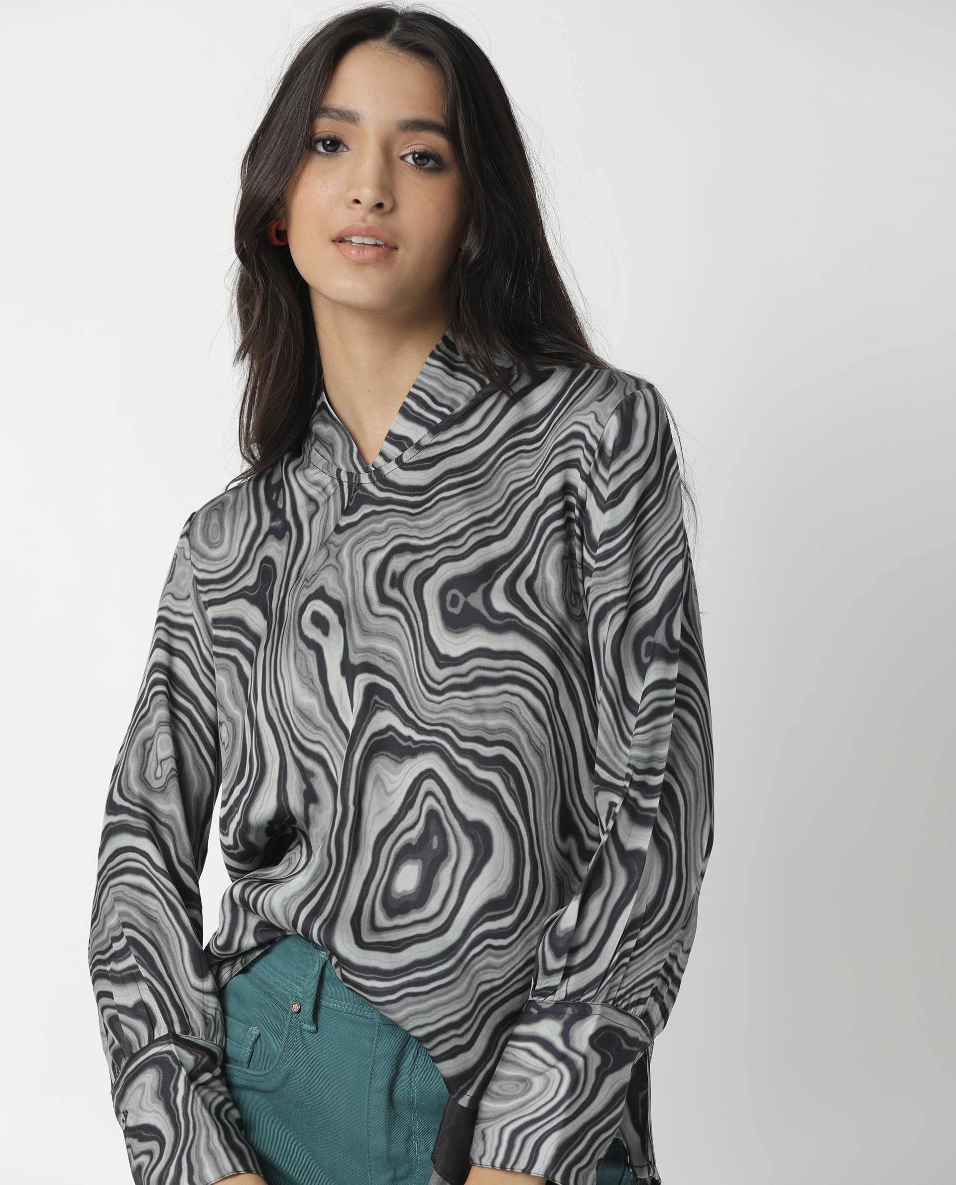 Rareism Womens Camp Black Top Modal Satin Fabric Regular Fit Cuffed Sleeve Mandarin Neck
