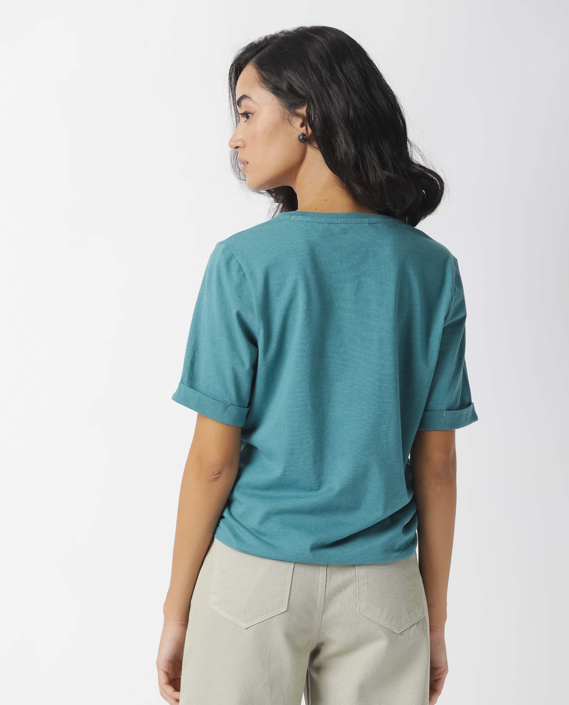 Rareism Women Nova Tee 2 Green Cotton Blend Fabric Regular Fit Half Sleeves Solid Crew Neck T-Shirt