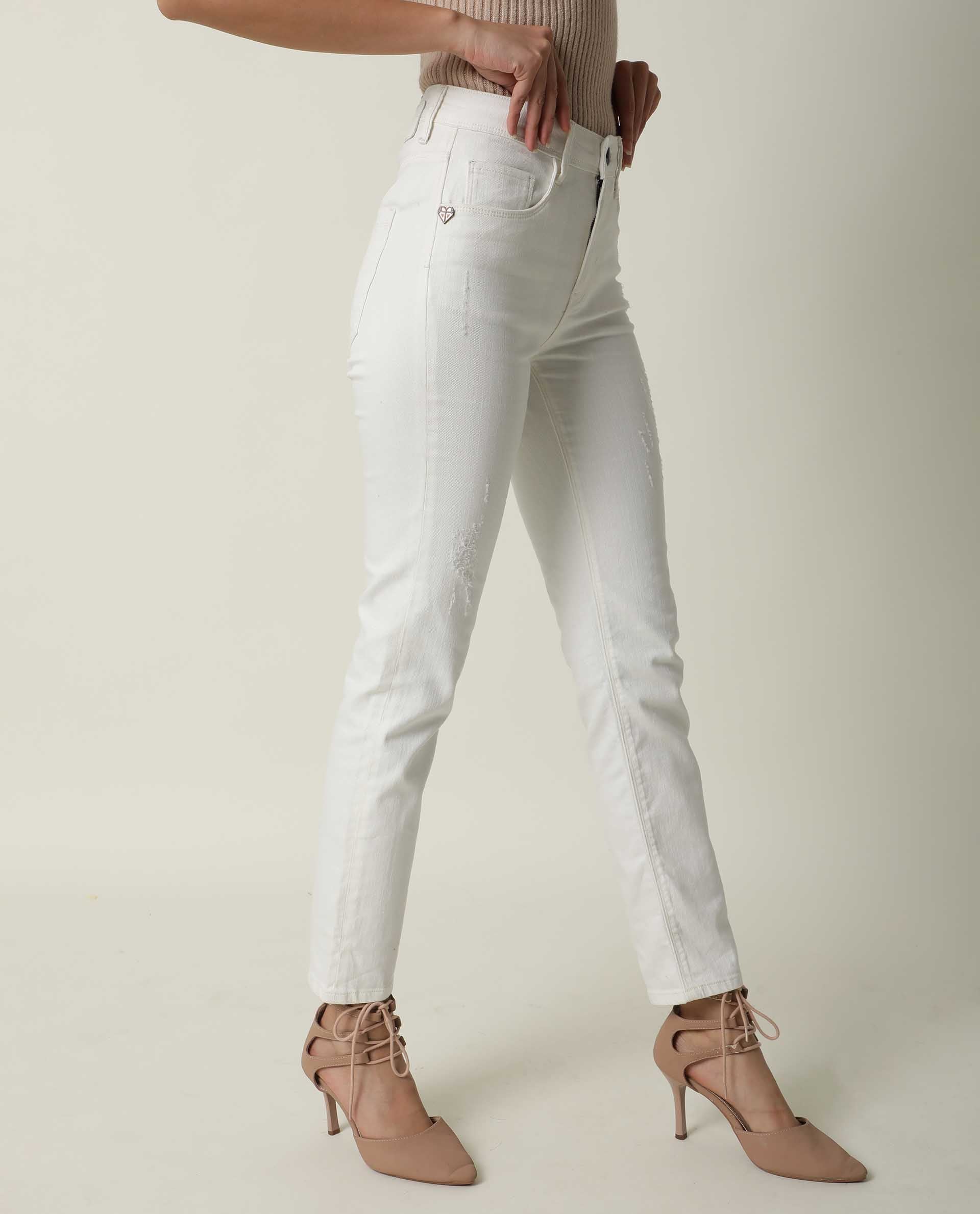 Rareism Women Gara White Cotton Fabric Mid Rise Solid Tailored Fit Ankle Length Jeans