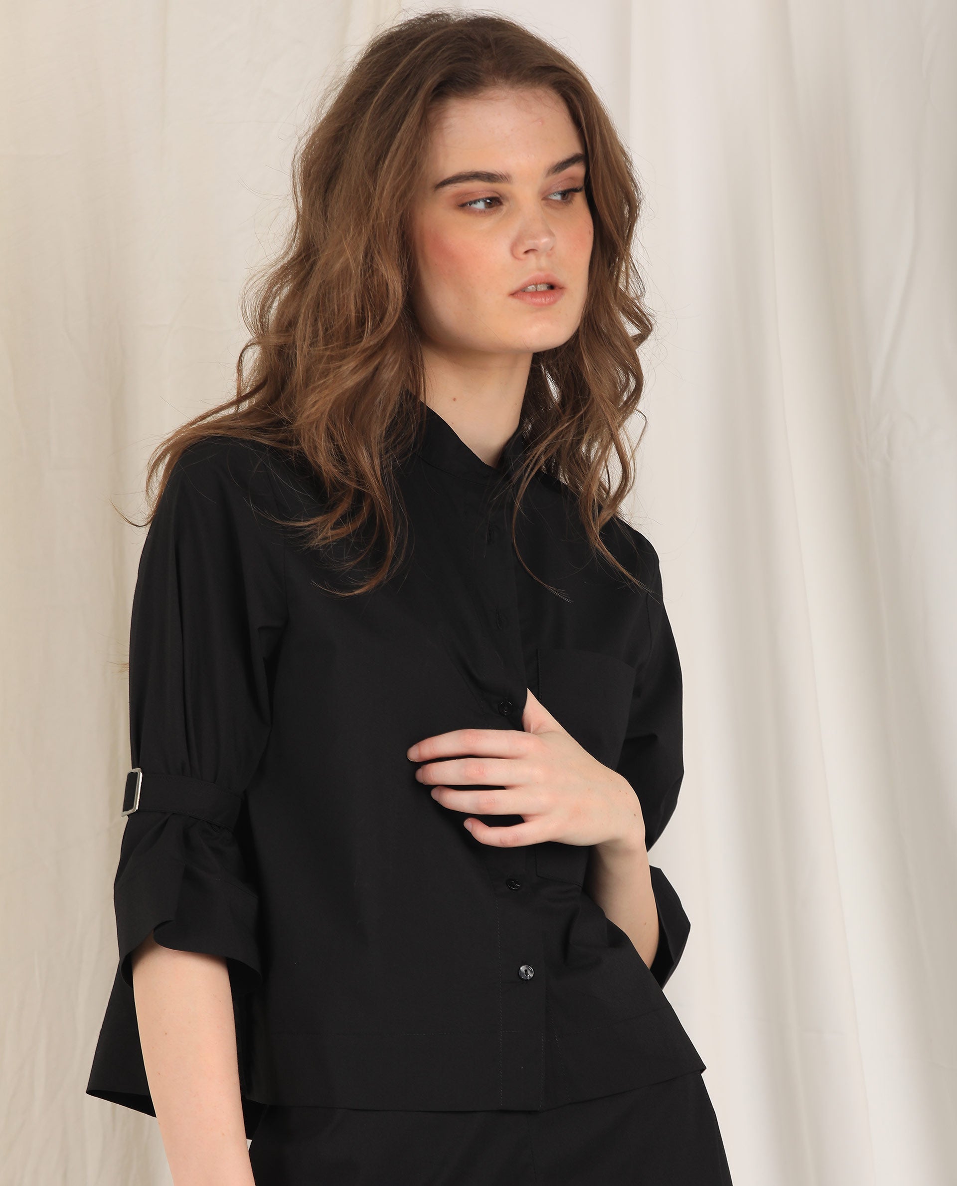Rareism Women's Sendai Black Mandarin Collar Plain Knee Length Regular Fit Top