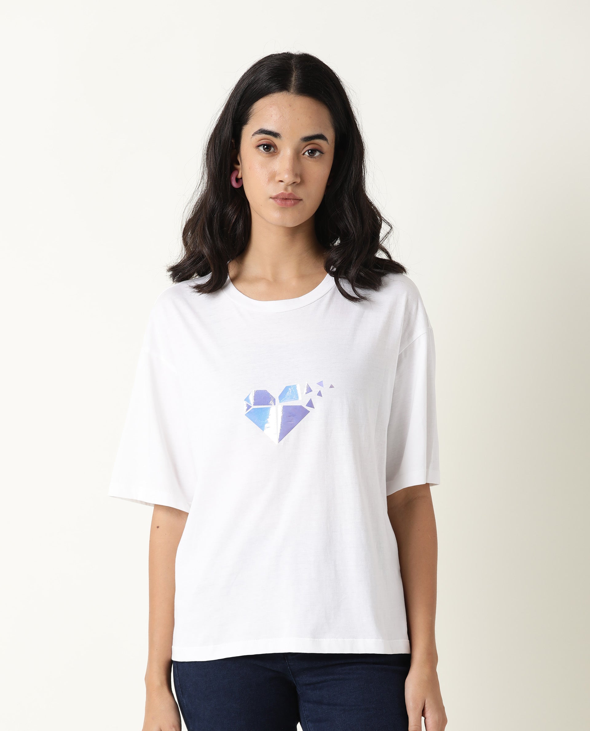 Rareism Womens Nat White T-Shirt Cotton Fabric Regular Fit Half Sleeve Round Neck