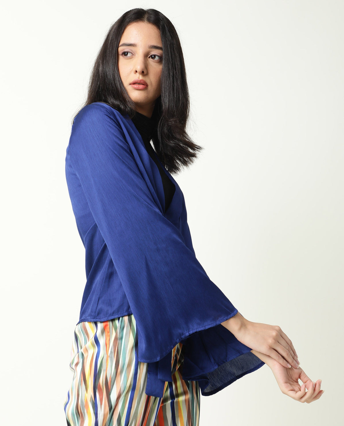 Rareism Women Cuff Blue Polyester Fabric Regular Fit Solid Shawl Collar Outer Wear