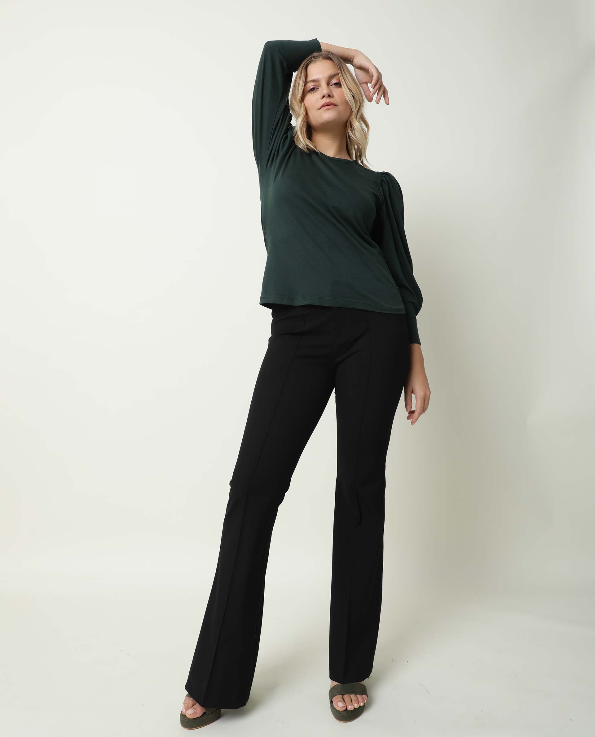 Rareism Women's Ballerina Green Cotton Boat Neck Plain Midi Length Regular Fit Top