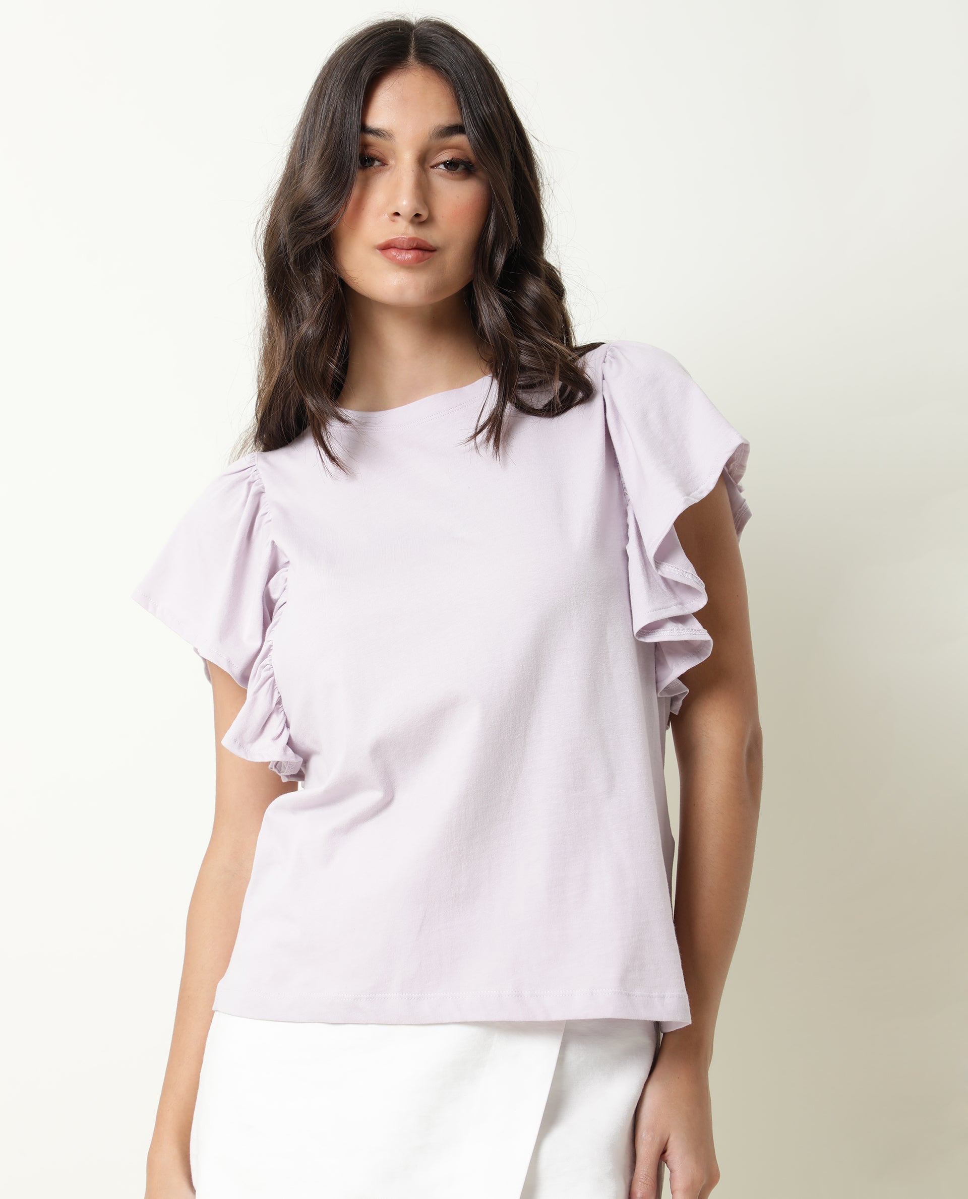 Rareism Women's Yatch Purple Cotton Crew Neck Plain Ruffled Sleeve Regular Fit Top