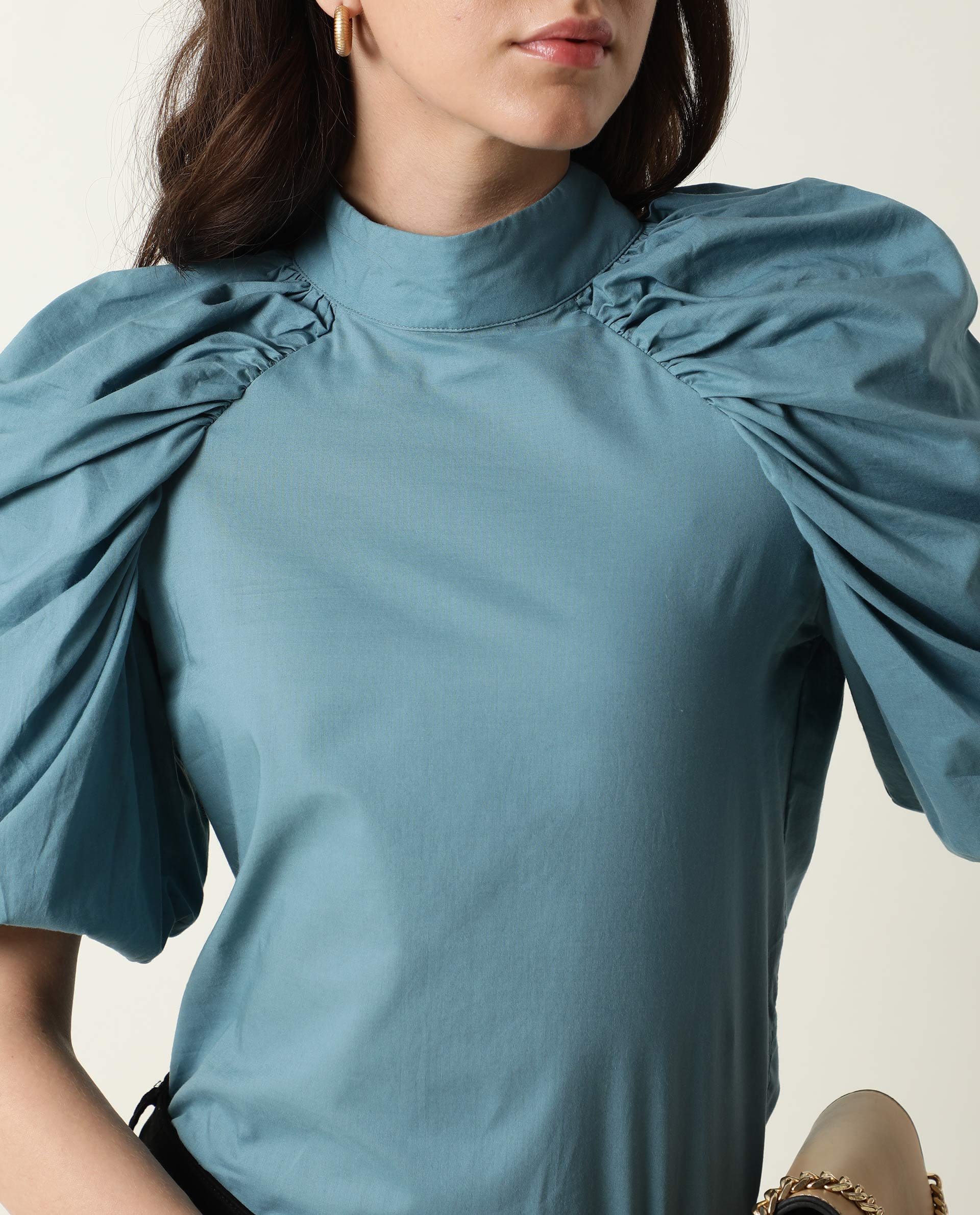 Rareism Womens Bobby Blue Top Cotton Fabric Half Sleeve High Neck