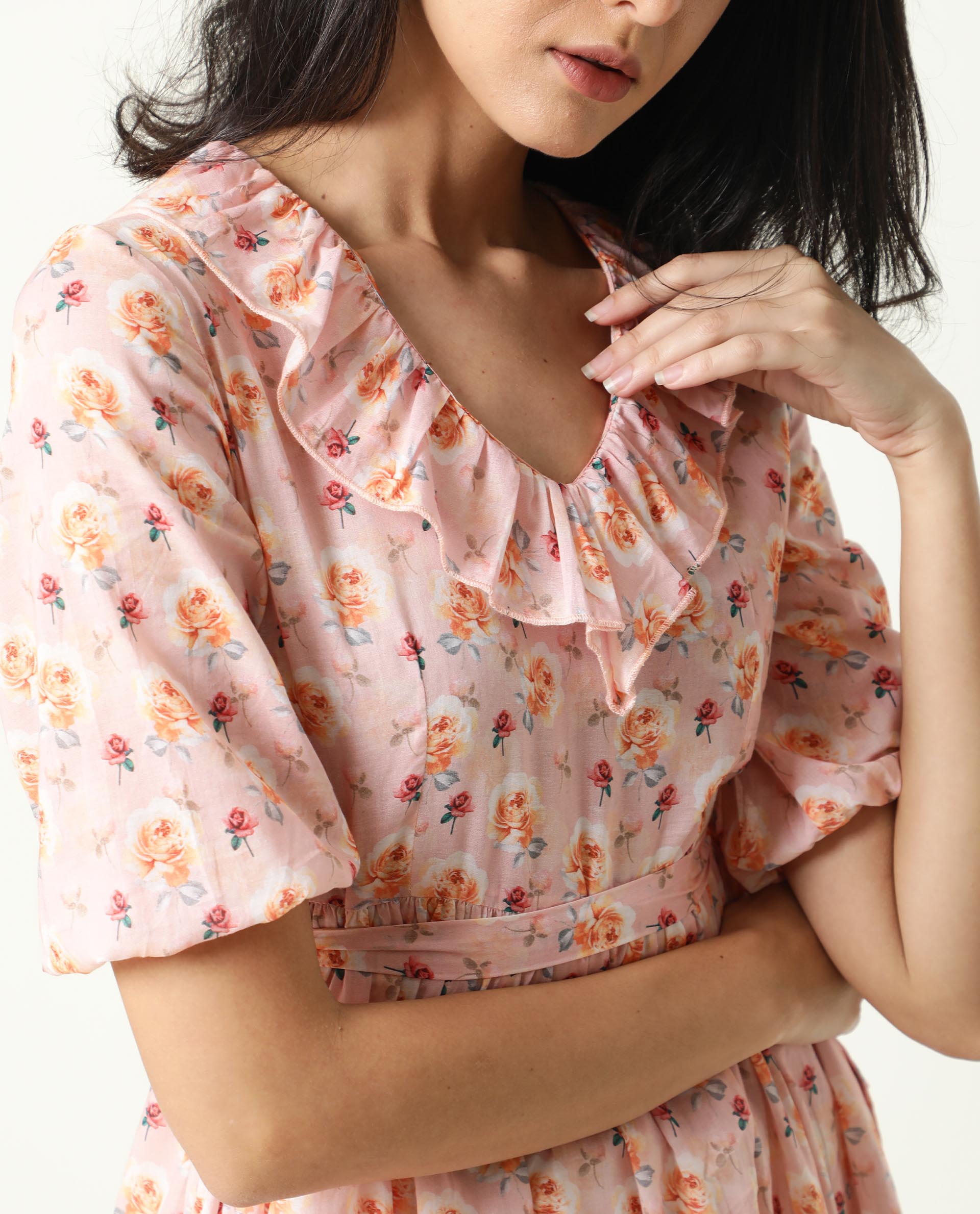 Rareism Women's Verna Pink Cotton V-Neck Floral Print Balloon Sleeve Knee Length Regular Fit Dress