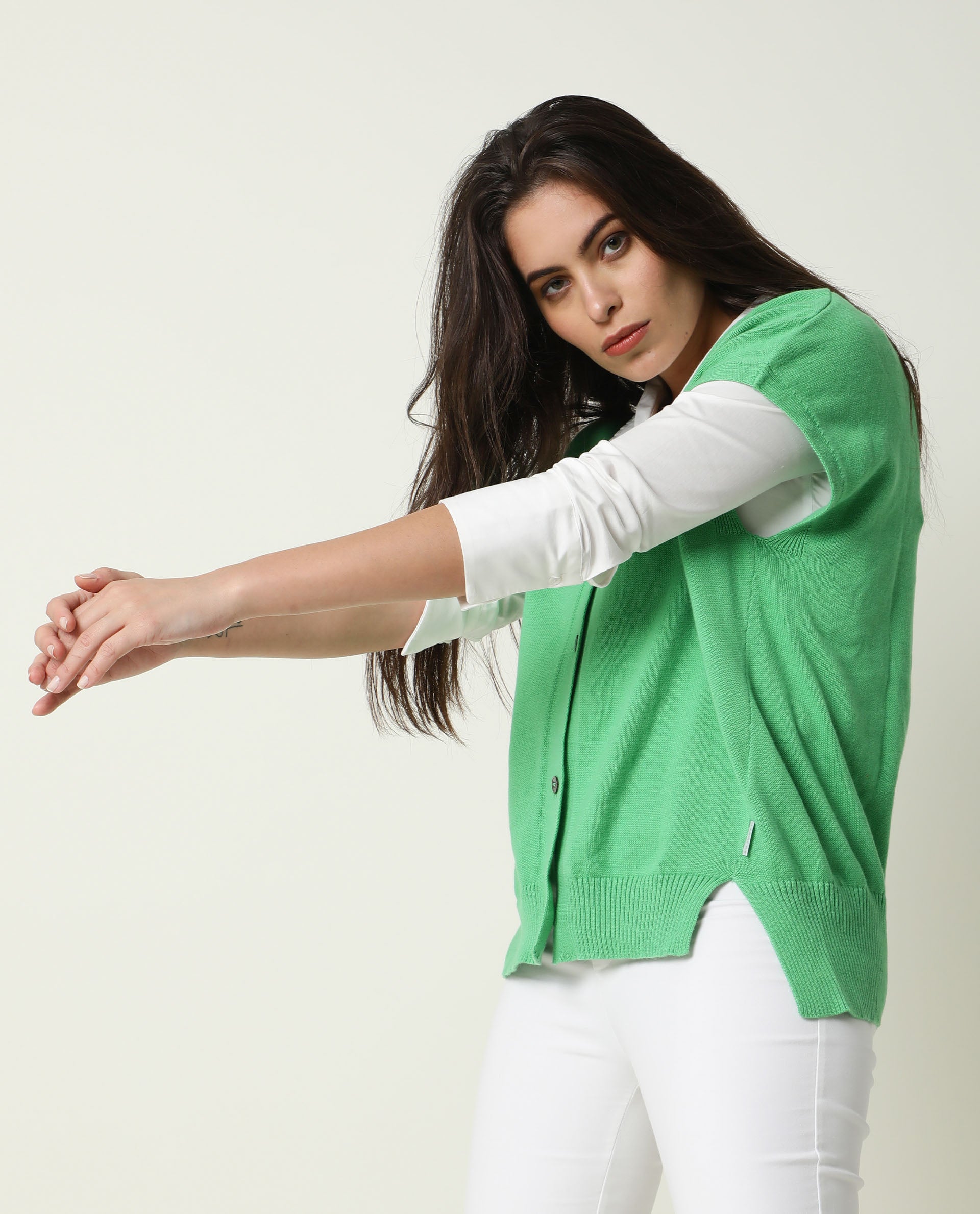 Rareism Women's Pave Green Cotton V-Neck Plain Extended Sleeves Regular Fit Sweater