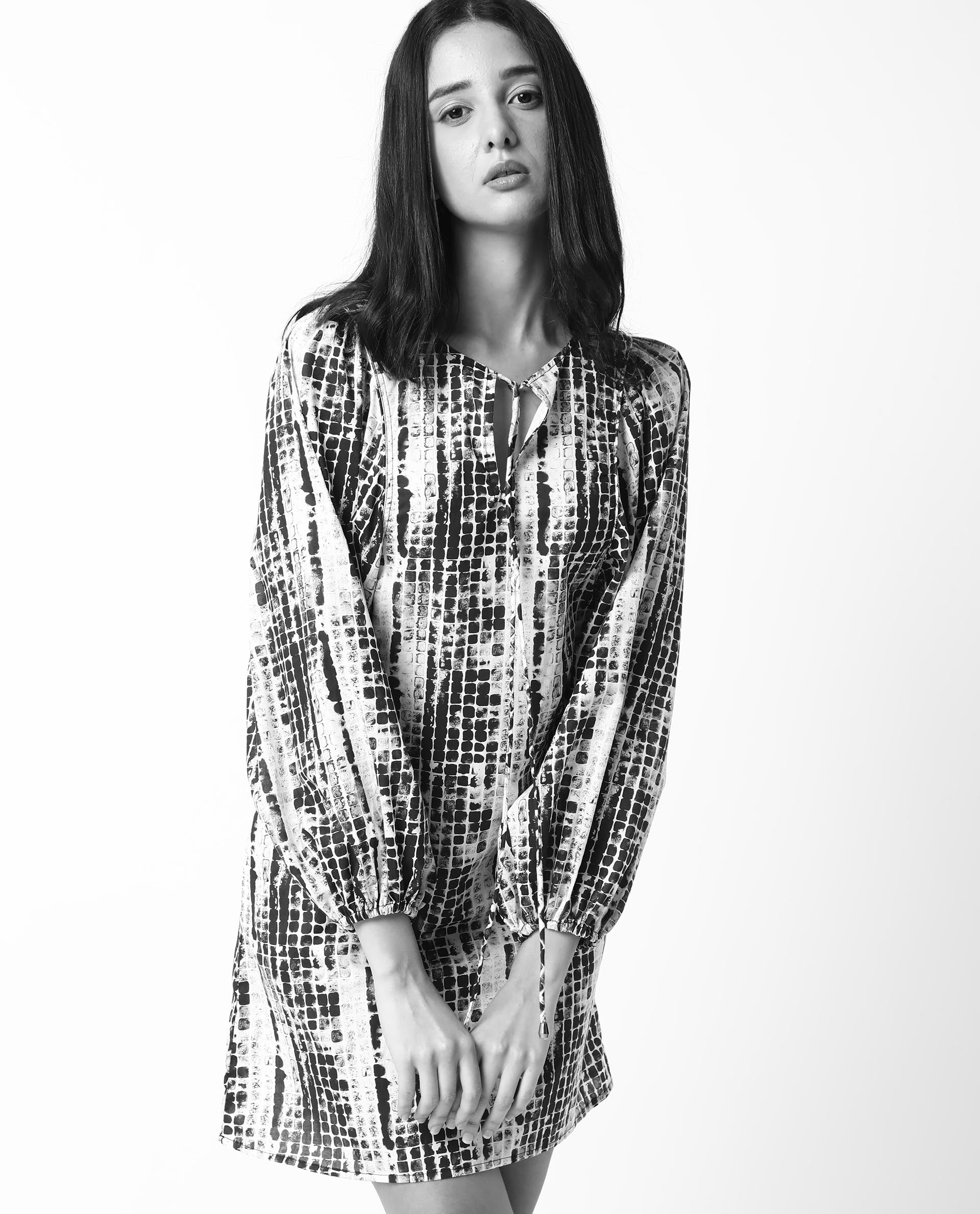 Rareism Women's Ragi Black Cotton Tie-Up Neck Abstract Print Volume Sleeve Mini Regular Fit Dress