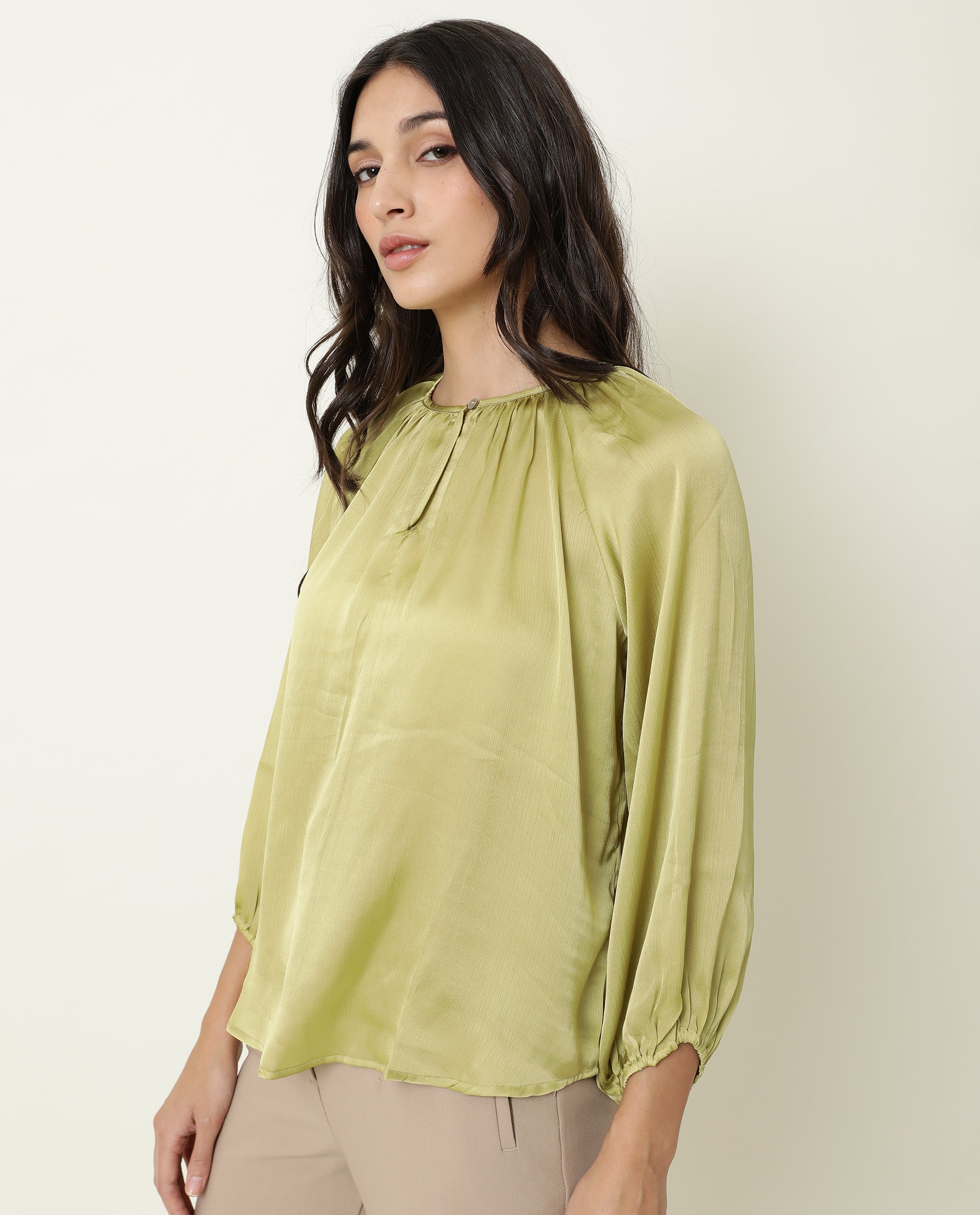 Rareism Womens Fall Green Top Polyester Fabric Full Sleeve Boat Neck