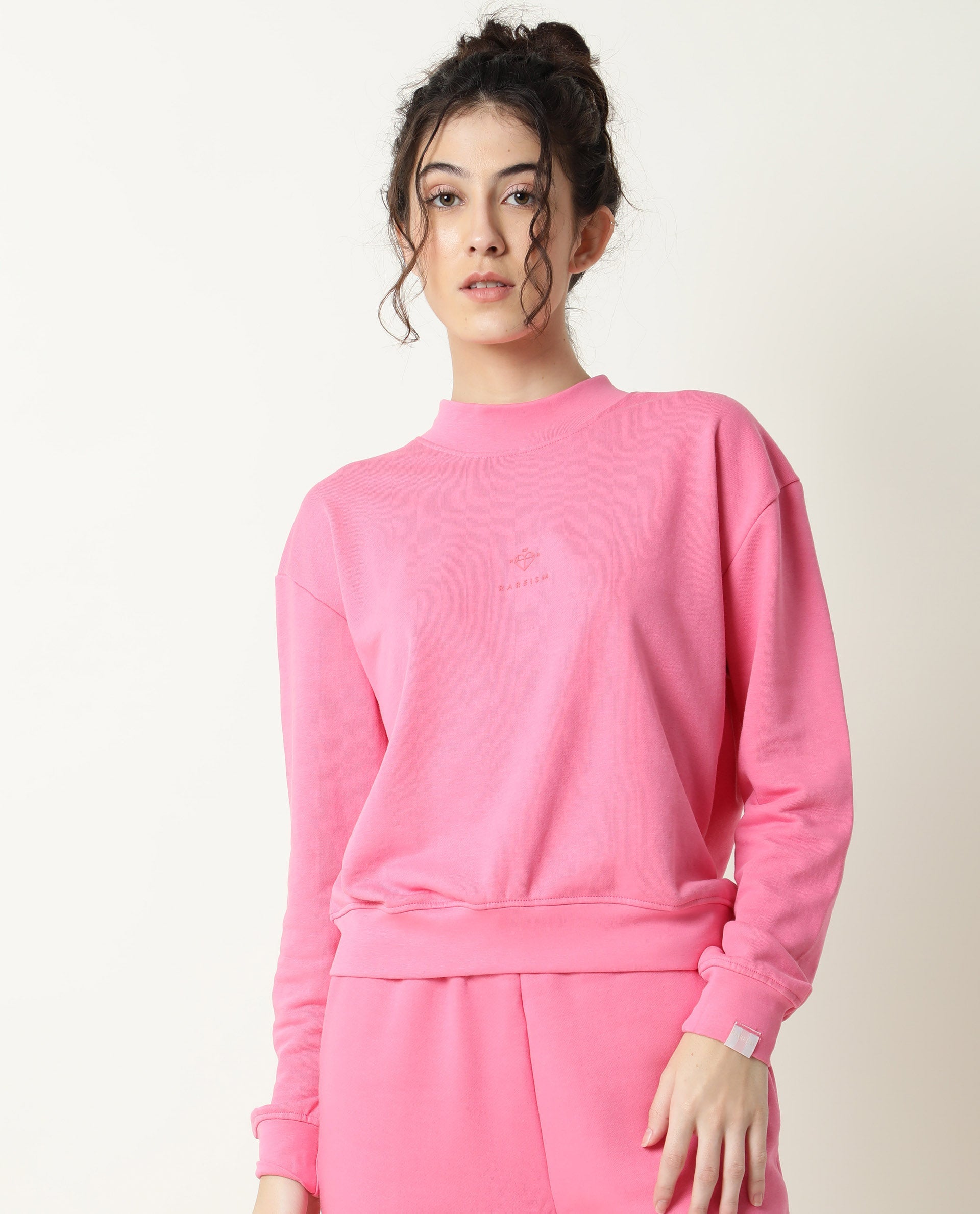 Rareism Women Necker Pink Relaxed Fit Full Sleeves Solid High Neck Sweatshirt