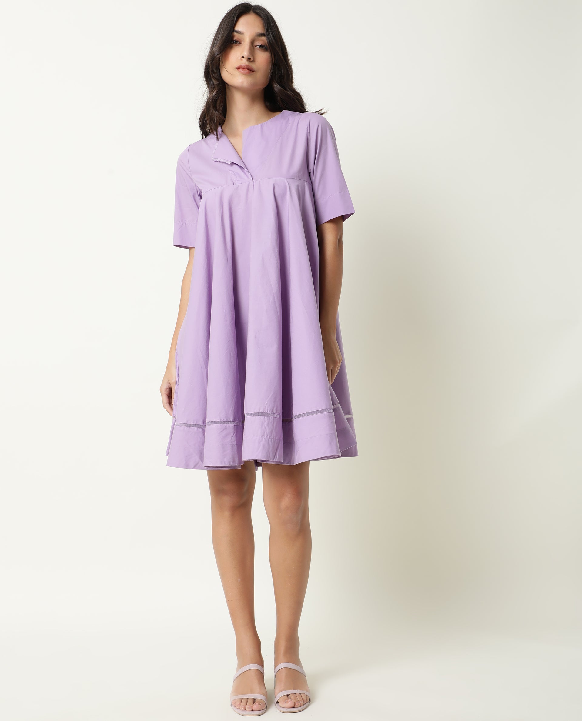 Rareism Women Scream Pastel Purple Cotton Fabric Half Sleeves Ruffled Neck Solid Knee Length Dress