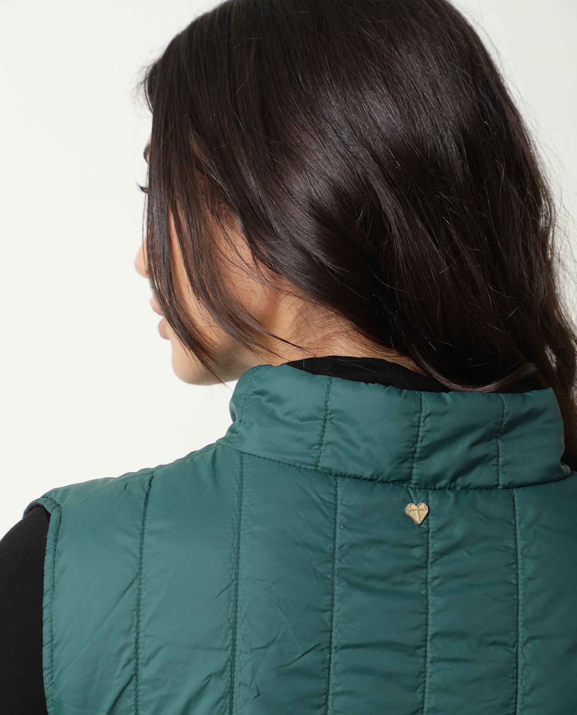 Rareism Women's Aurora Green Polyester High Neck Plain Sleeveless Regular Fit Jacket
