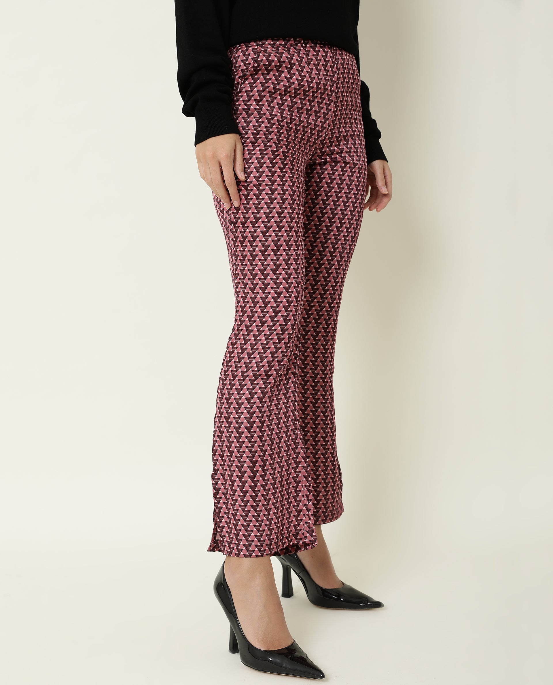 Rareism Women's Amilia Beige Viscose Geometric Print Ankle Length Bootcut Trouser