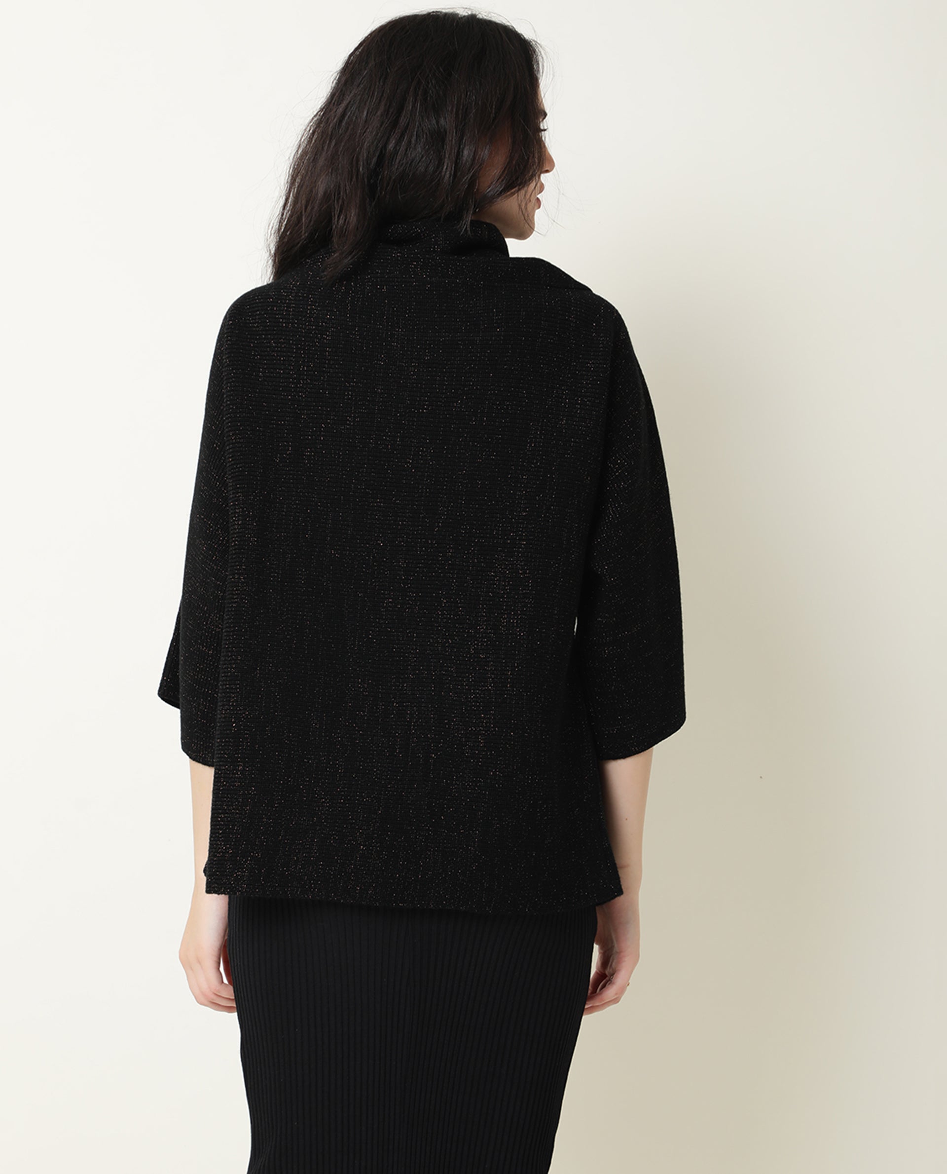 Rareism Women Innov Black Polyester Fabric 3/4Th Sleeves Knee Length Relaxed Fit Solid Cowl Neck Sweater