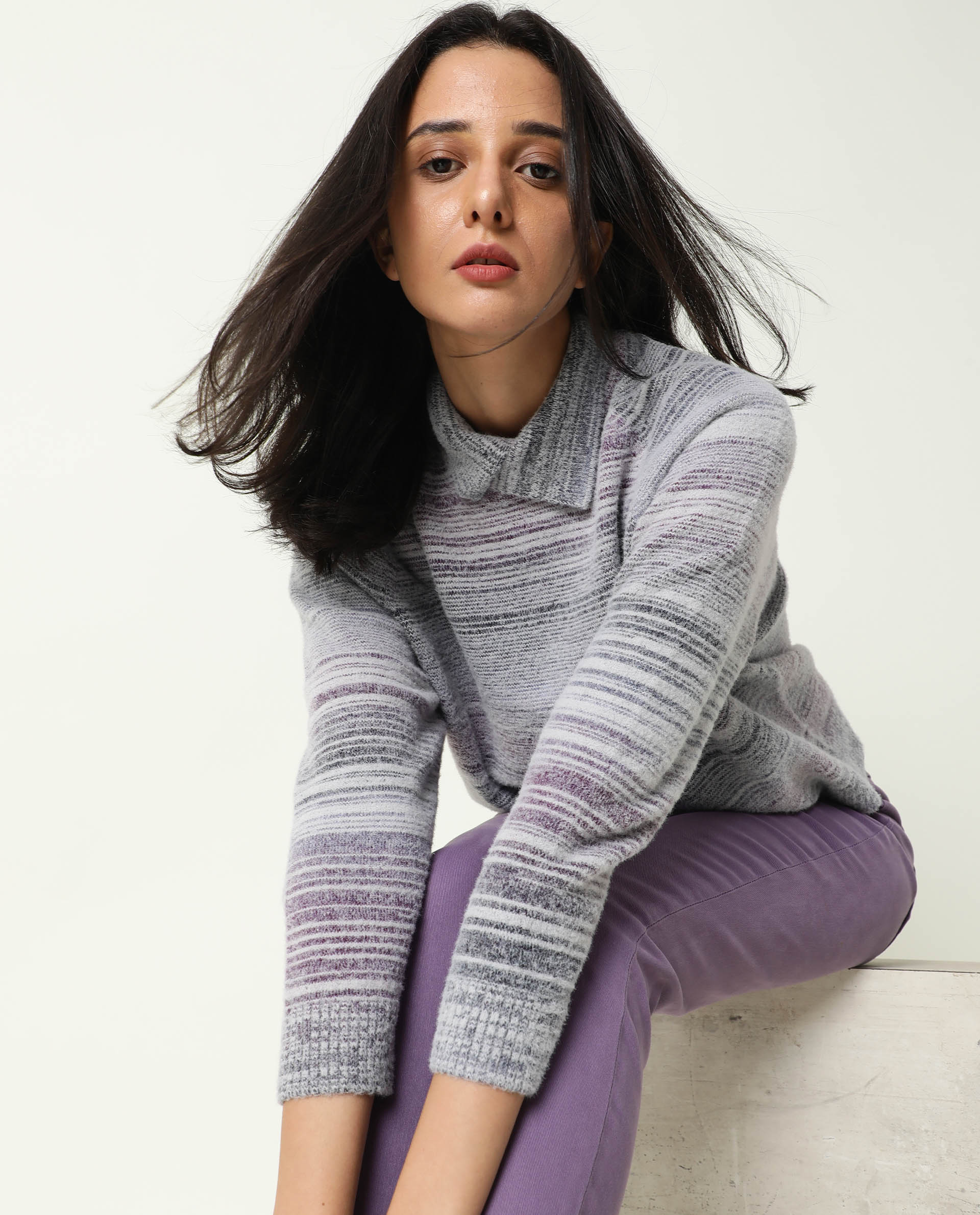 Rareism Women's Rosalva Grey Nylon High Neck Ombre Knee Length Regular Fit Sweater