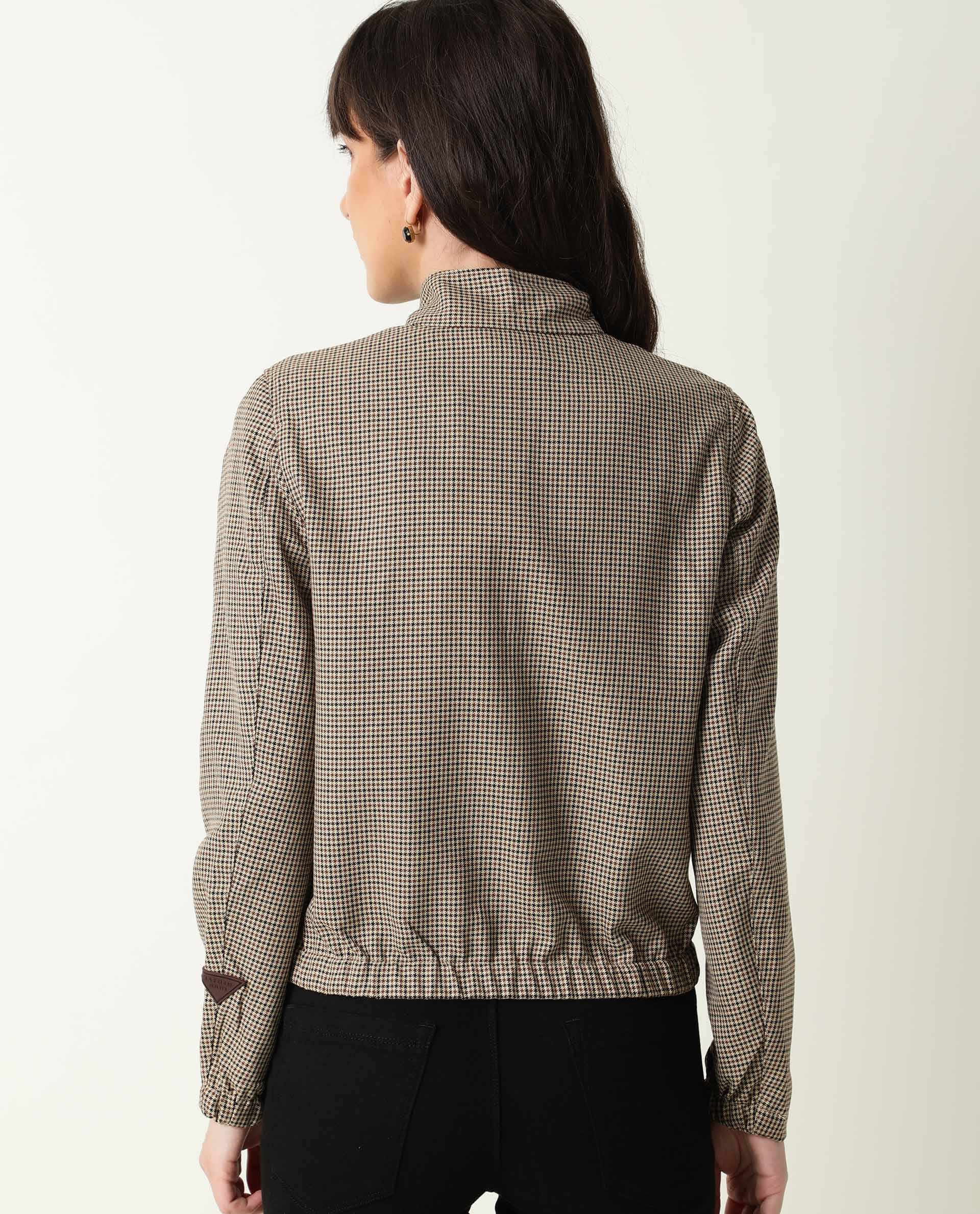 Rareism Womens Alex Yellow Bomber Jacket Full Sleeves Check Pattern