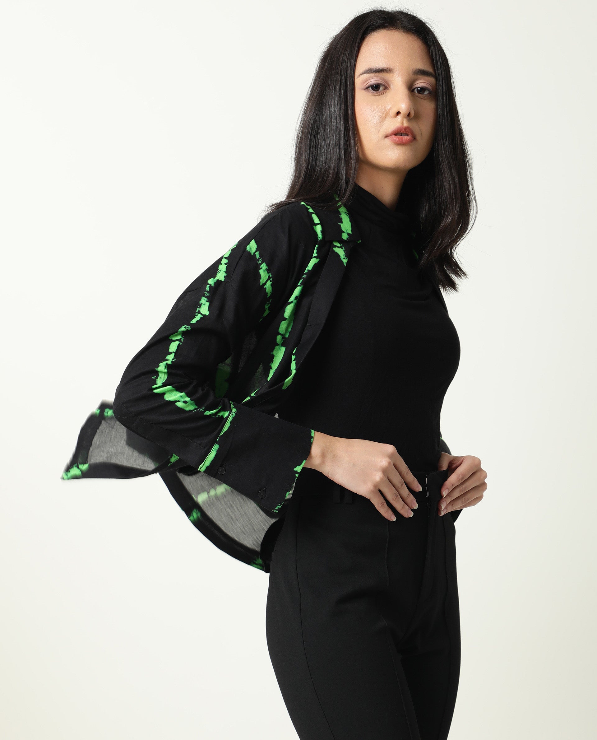 Rareism Womens James Black Top Modal Satin Fabric Regular Fit Cuffed Sleeve Collared Neck