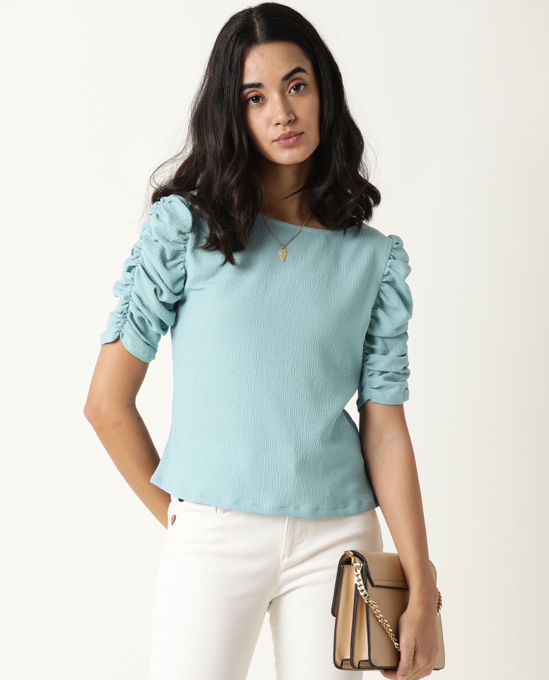 Rareism Women's Frozen Green Cotton Boat Neck Plain Ruffled Sleeve Regular Fit Top