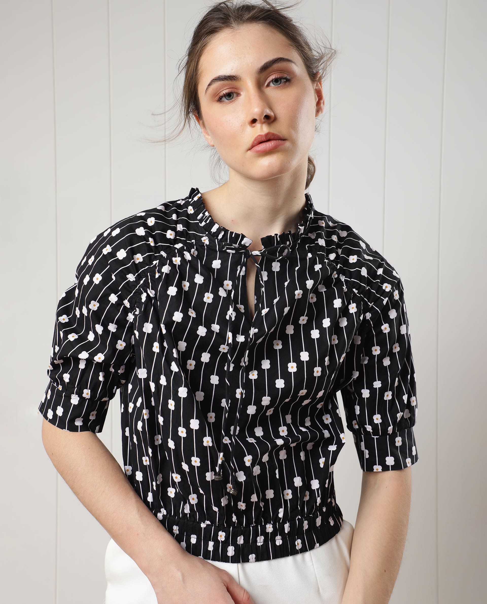 Rareism Women's Jack Black Cotton Tie-Up Neck Floral Print Volume Sleeve Relaxed Fit Top