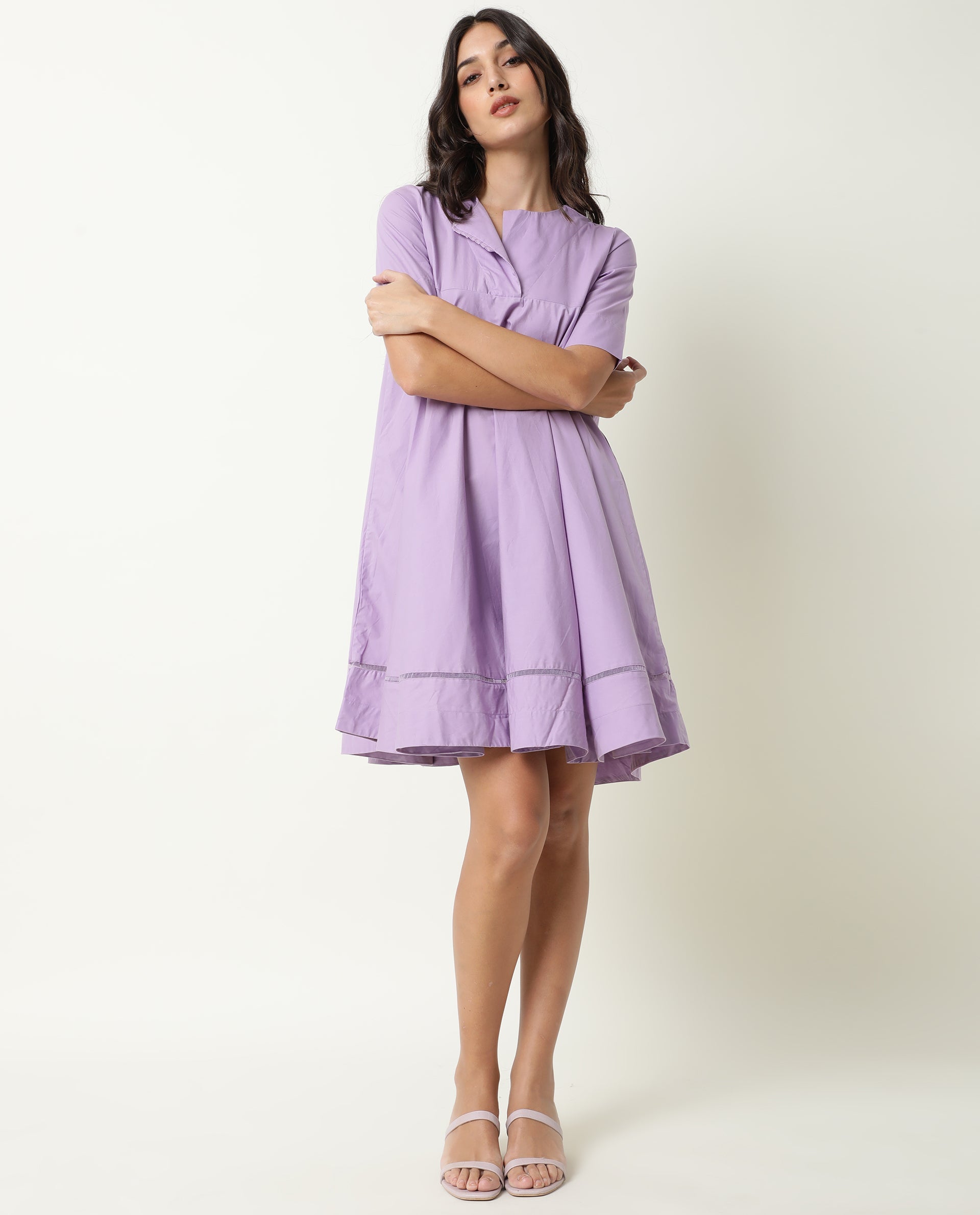 Rareism Women Scream Pastel Purple Cotton Fabric Half Sleeves Ruffled Neck Solid Knee Length Dress