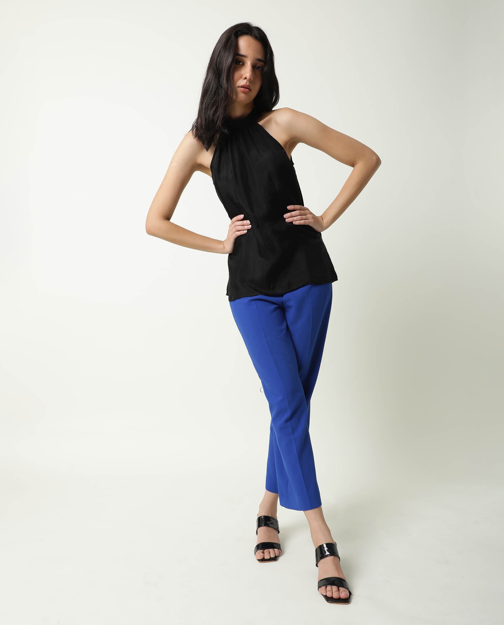 Rareism Women Sahano Black Poly Viscose Fabric Slim Fit Halter Neck Sleeveless Solid Top