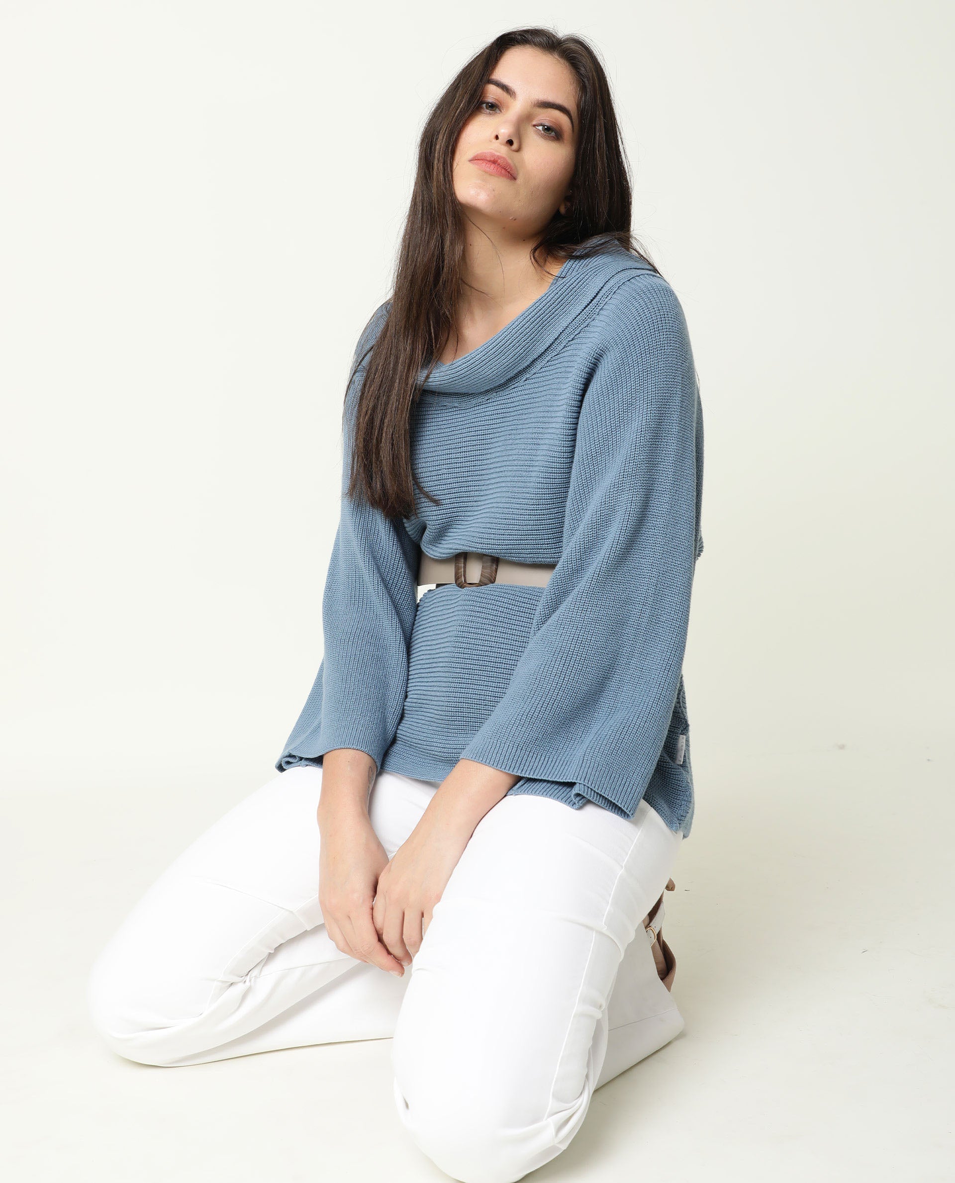 Rareism Women Cleo Blue 3/4Th Sleeves Relaxed Fit Solid Cowl Neck Sweater