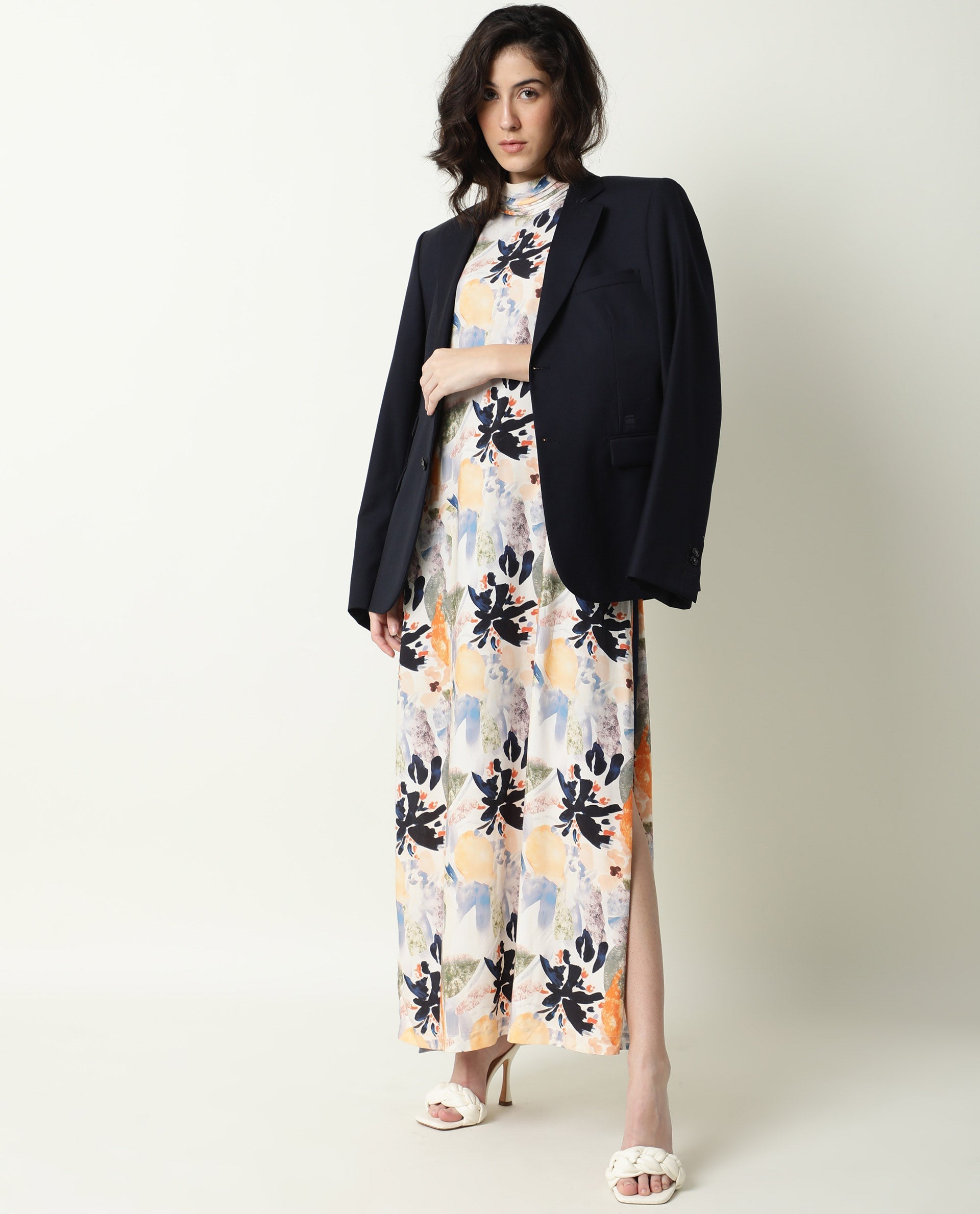 Rareism Women Isa Multi Abstract Print High Neck Band Collar With Ruffles Side Full Slit And Back Button Closure Maxi Dress