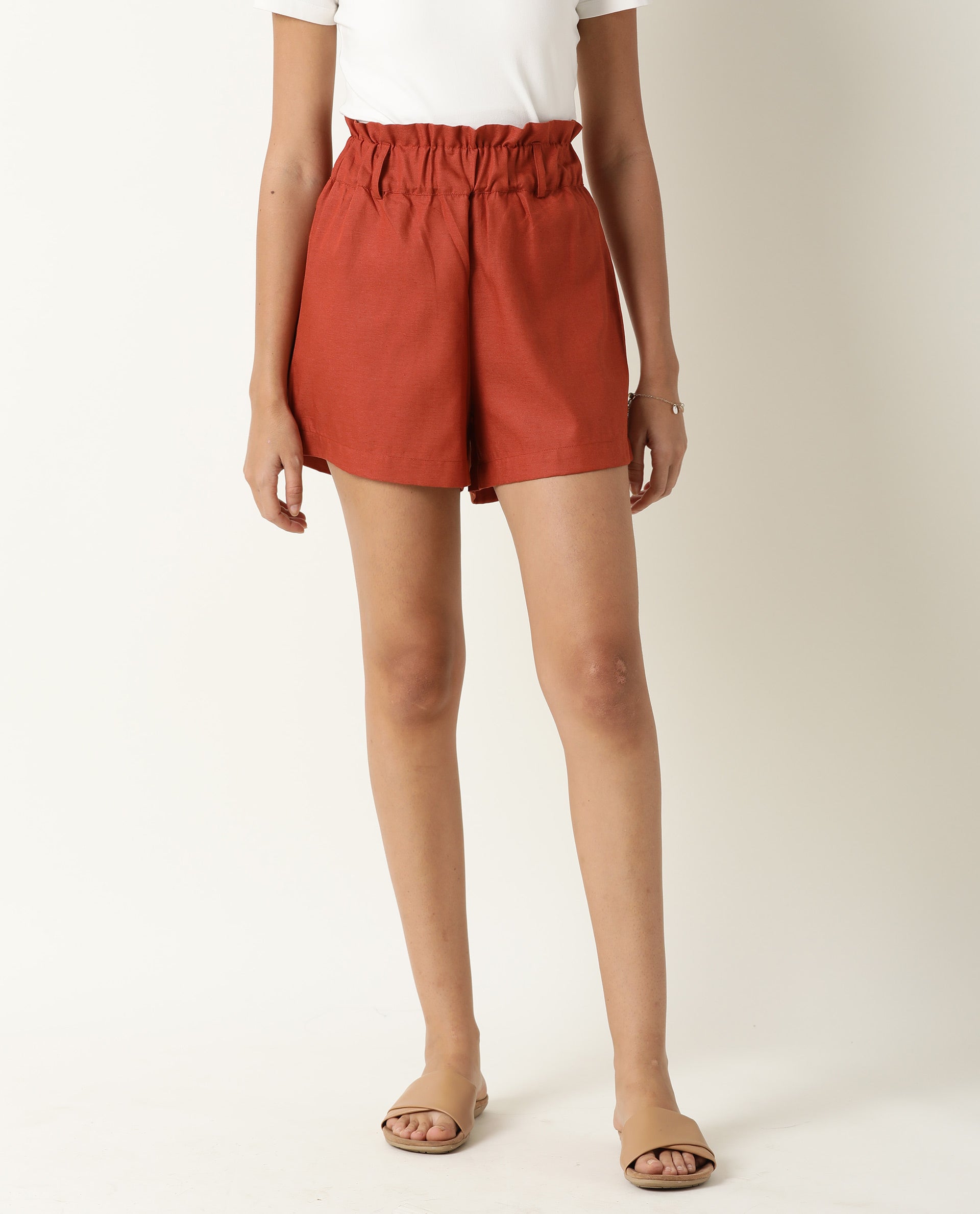 Rareism Women's Wobble Rust Cotton Plain Regular Fit Shorts