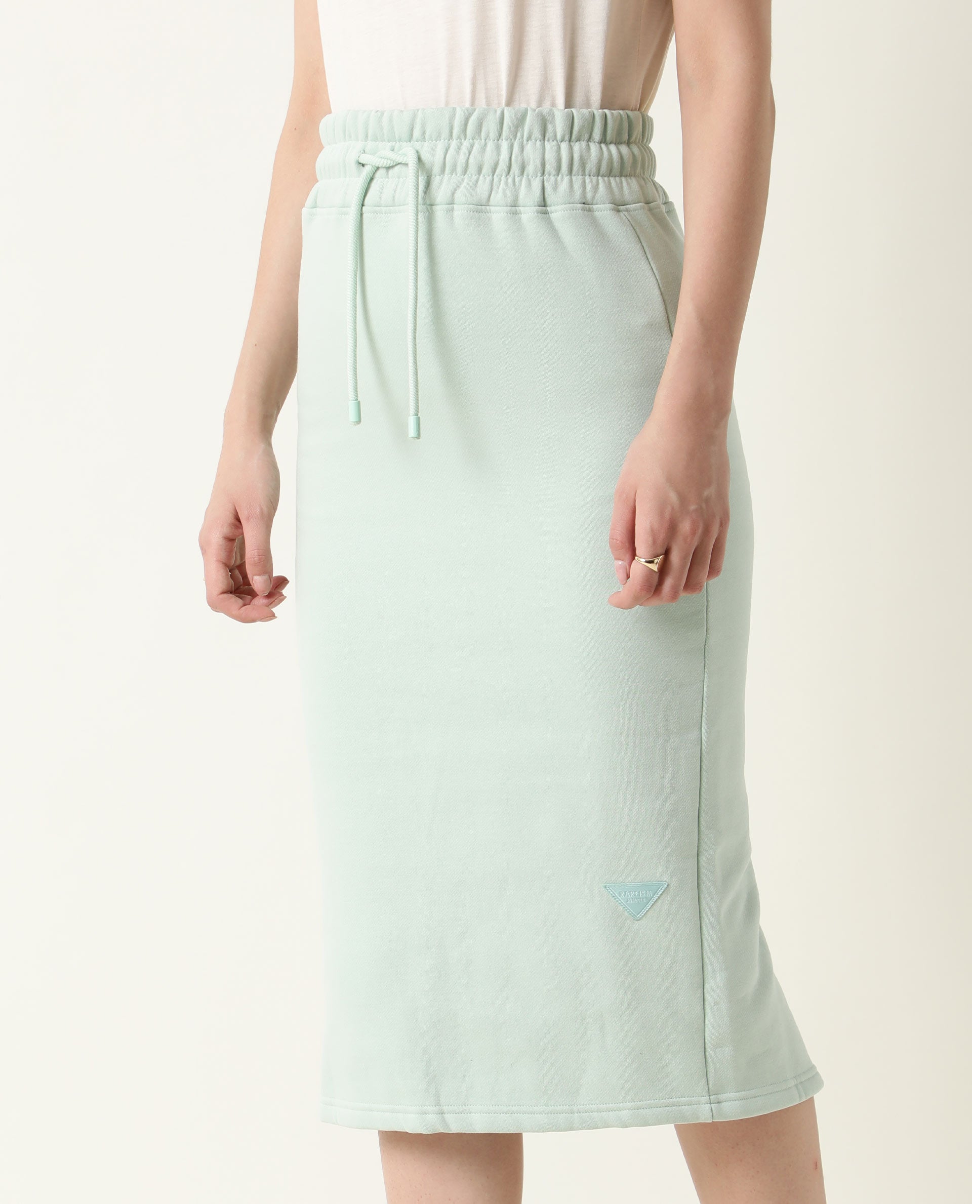 Rareism Women's Fudge Green Polyester Blend Plain Midi Tailored Skirt
