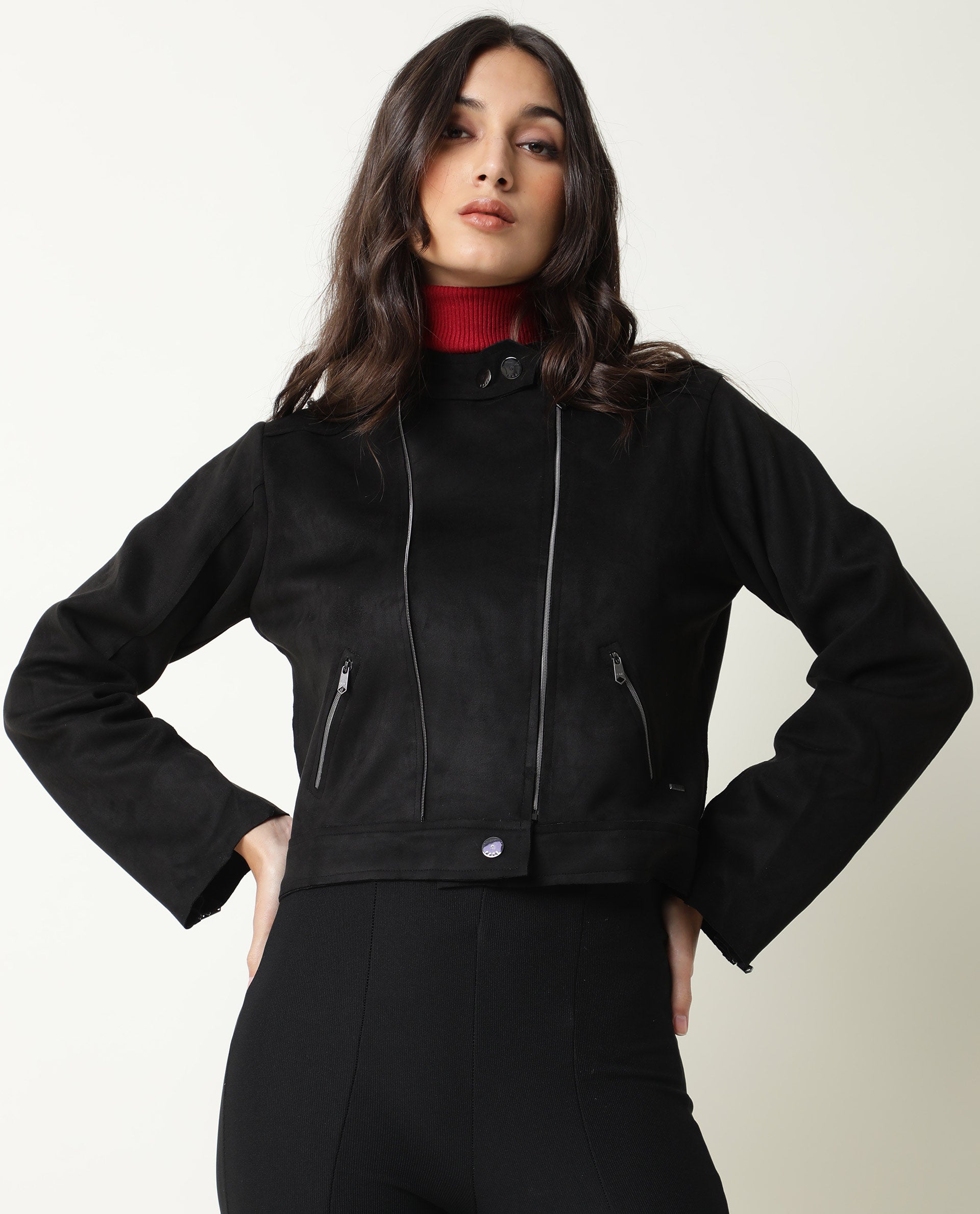 Rareism Women Everlee Black Polyester Fabric Full Sleeves Solid Mandarin Collar Jacket