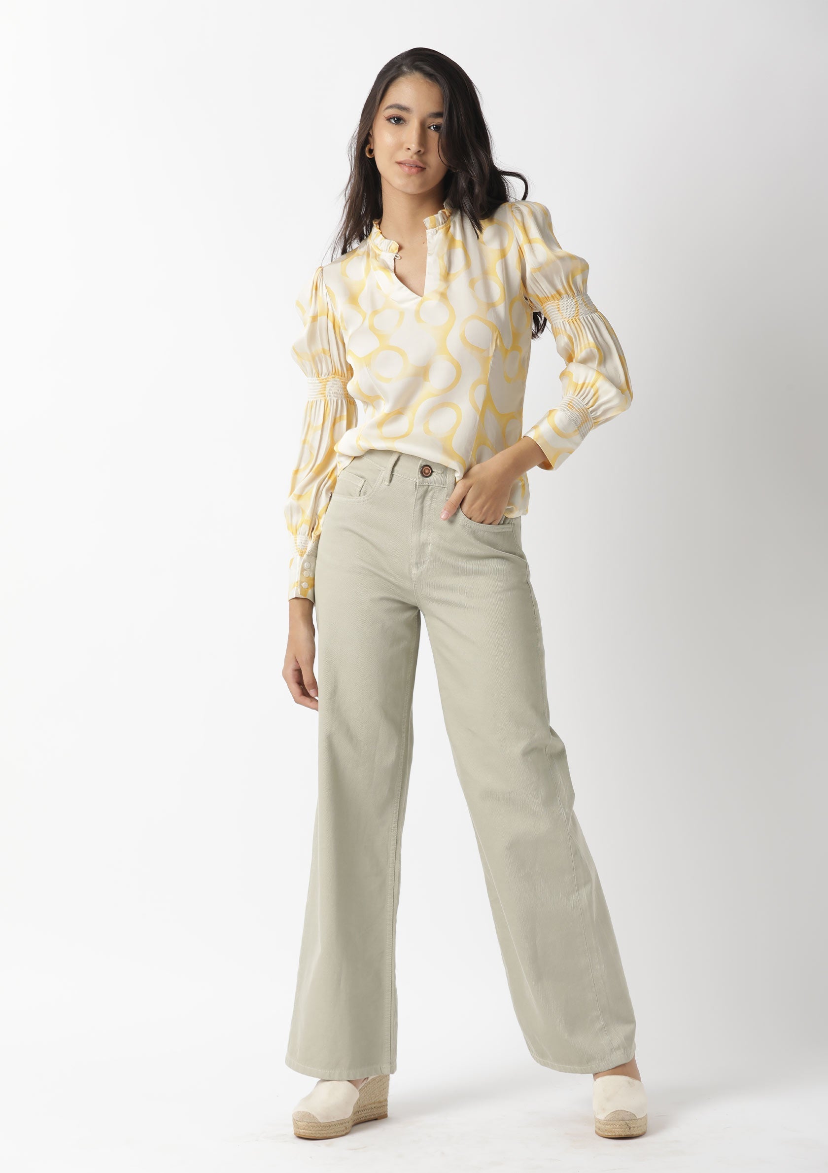 Rareism Women Emm Off White Modal Satin Fabric Slim Fit Ruffled Neck Full Sleeves Print Top