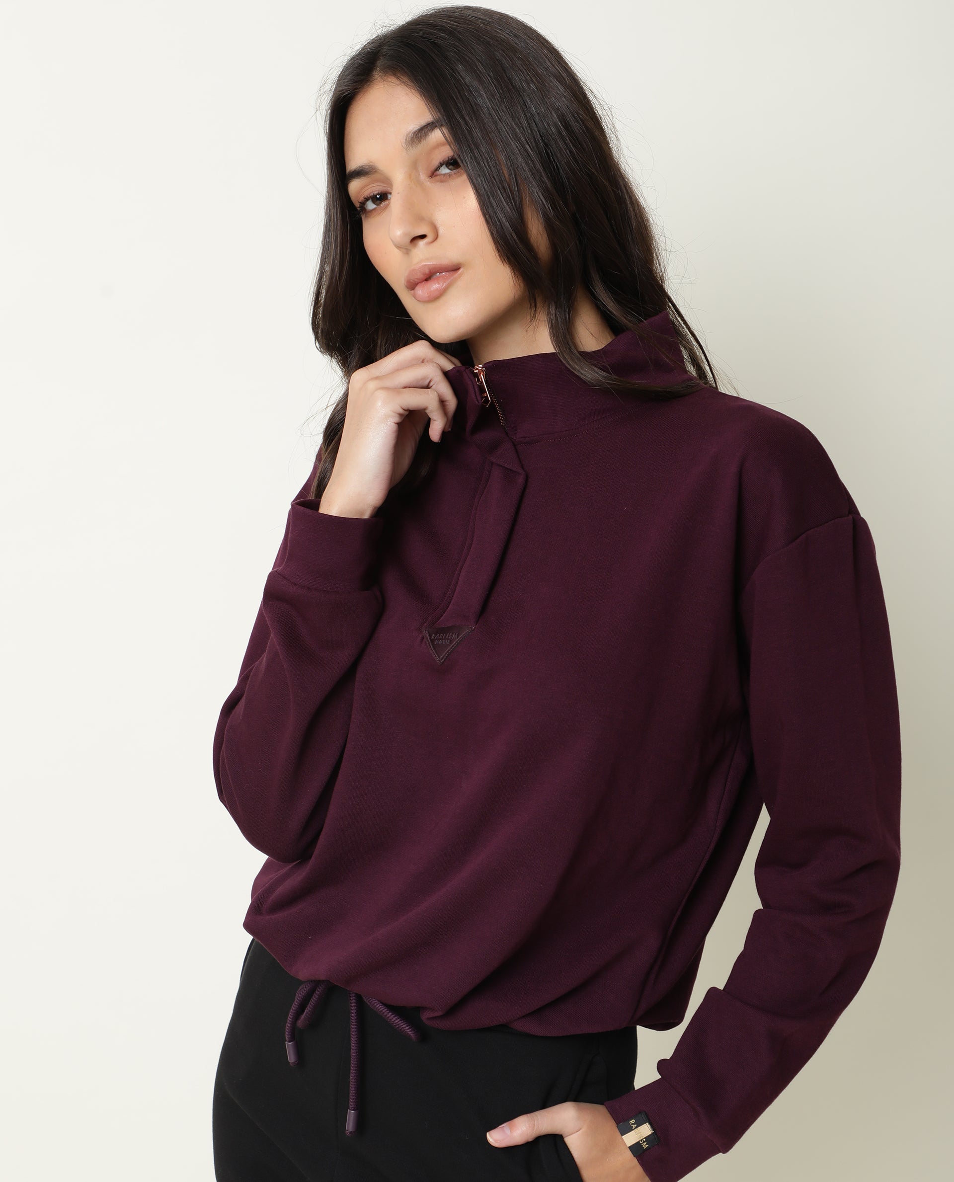 Rareism Women Taffy-1 Dark Purple Relaxed Fit Full Sleeves Solid High Neck Sweatshirt