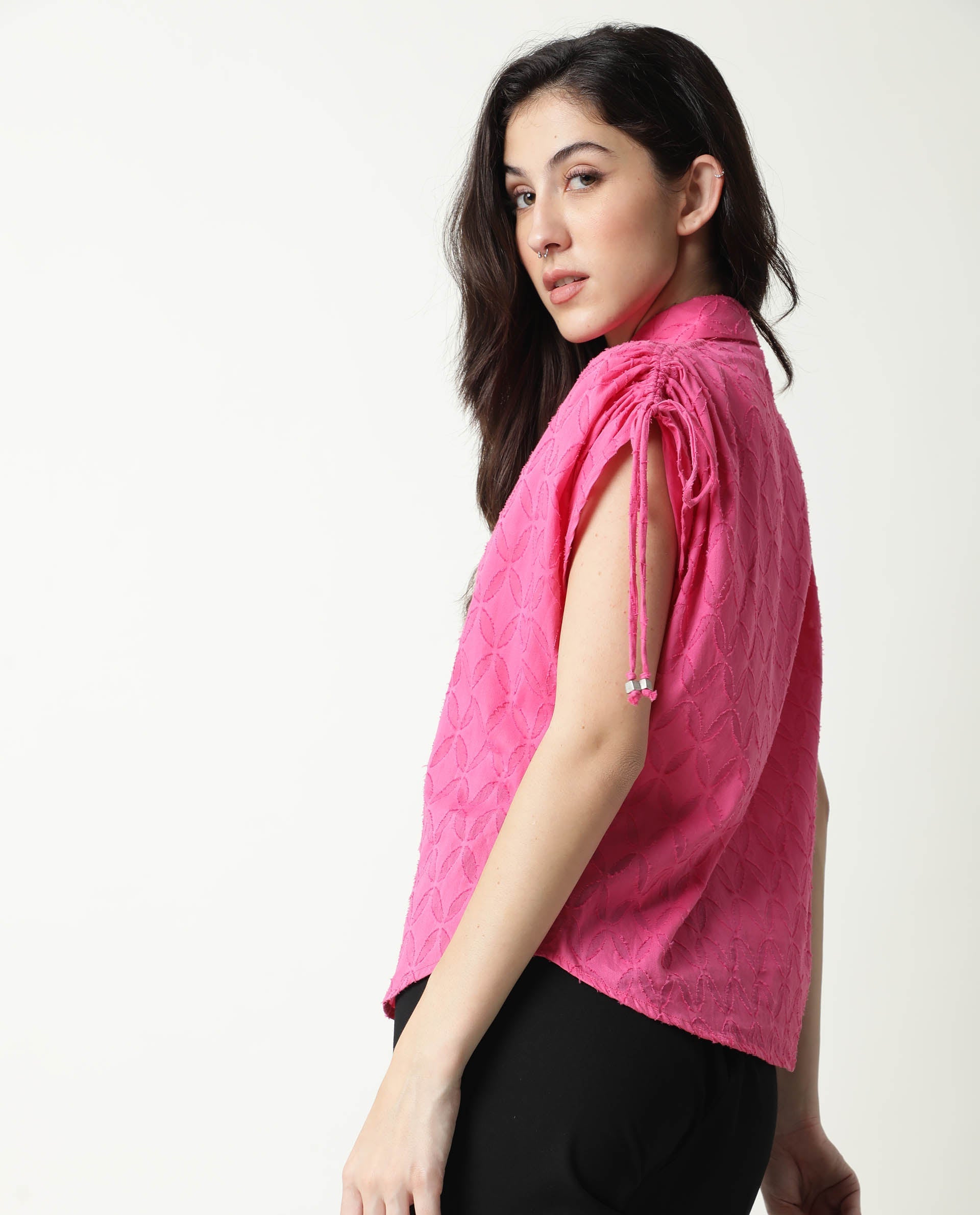 Rareism Womens Majesty Pink Top Cotton Fabric Comfortable Fit Half Sleeve Collared Neck