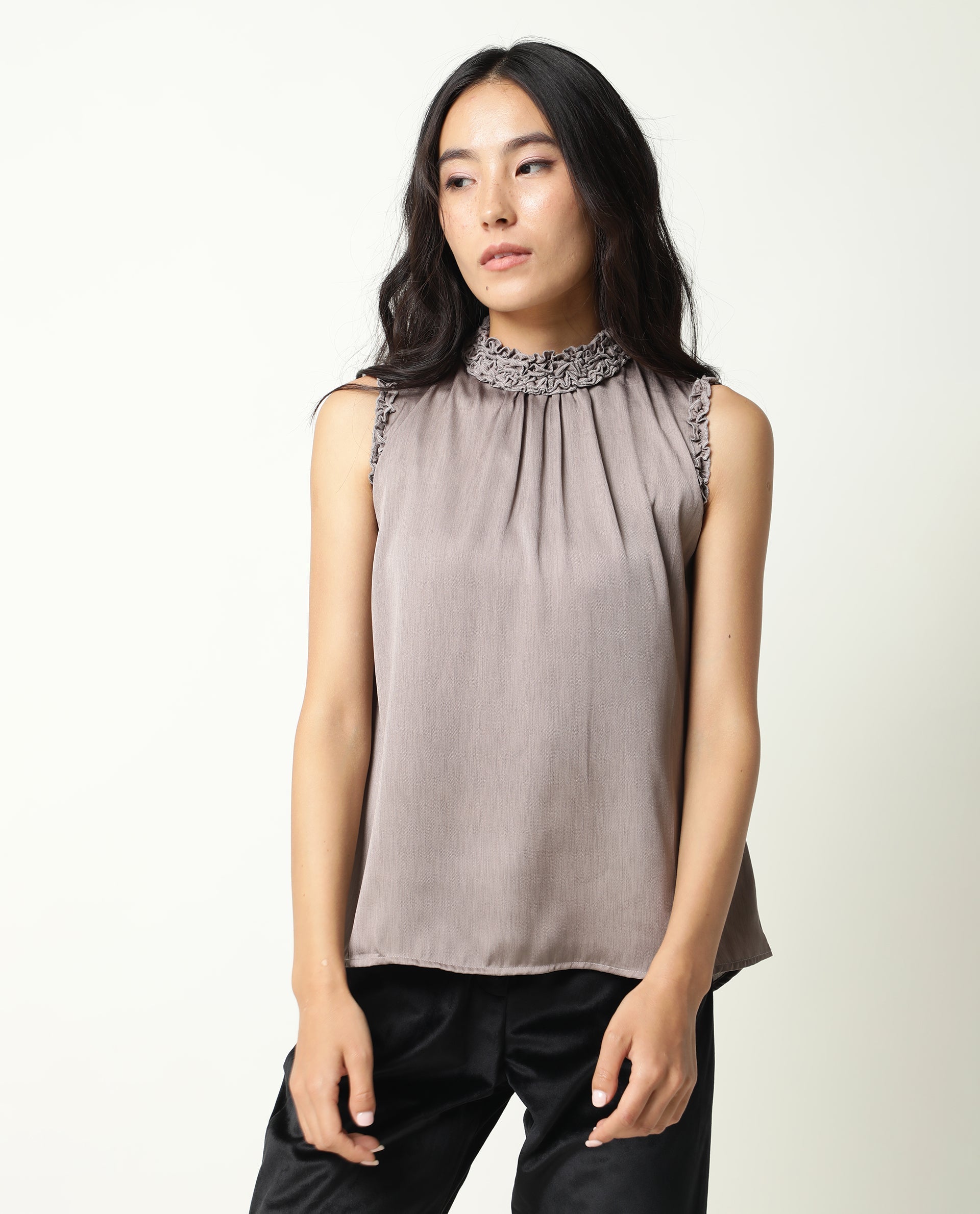 Rareism Womens Baileys Beige Top Polyester Fabric Sleeveless Ruffled Neck
