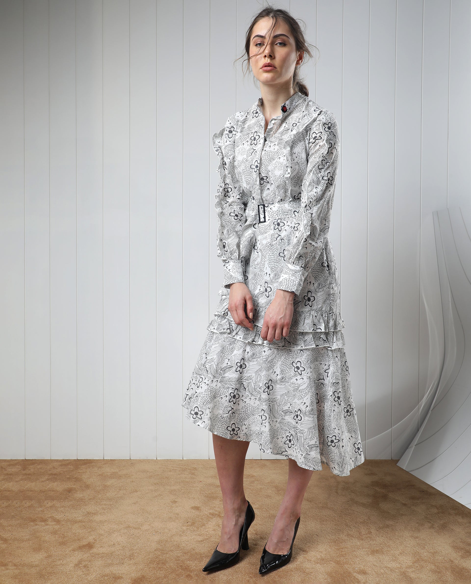 Rareism Women's Roose White Cotton Mandarin Collar Floral Print Knee Length Regular Fit Dress