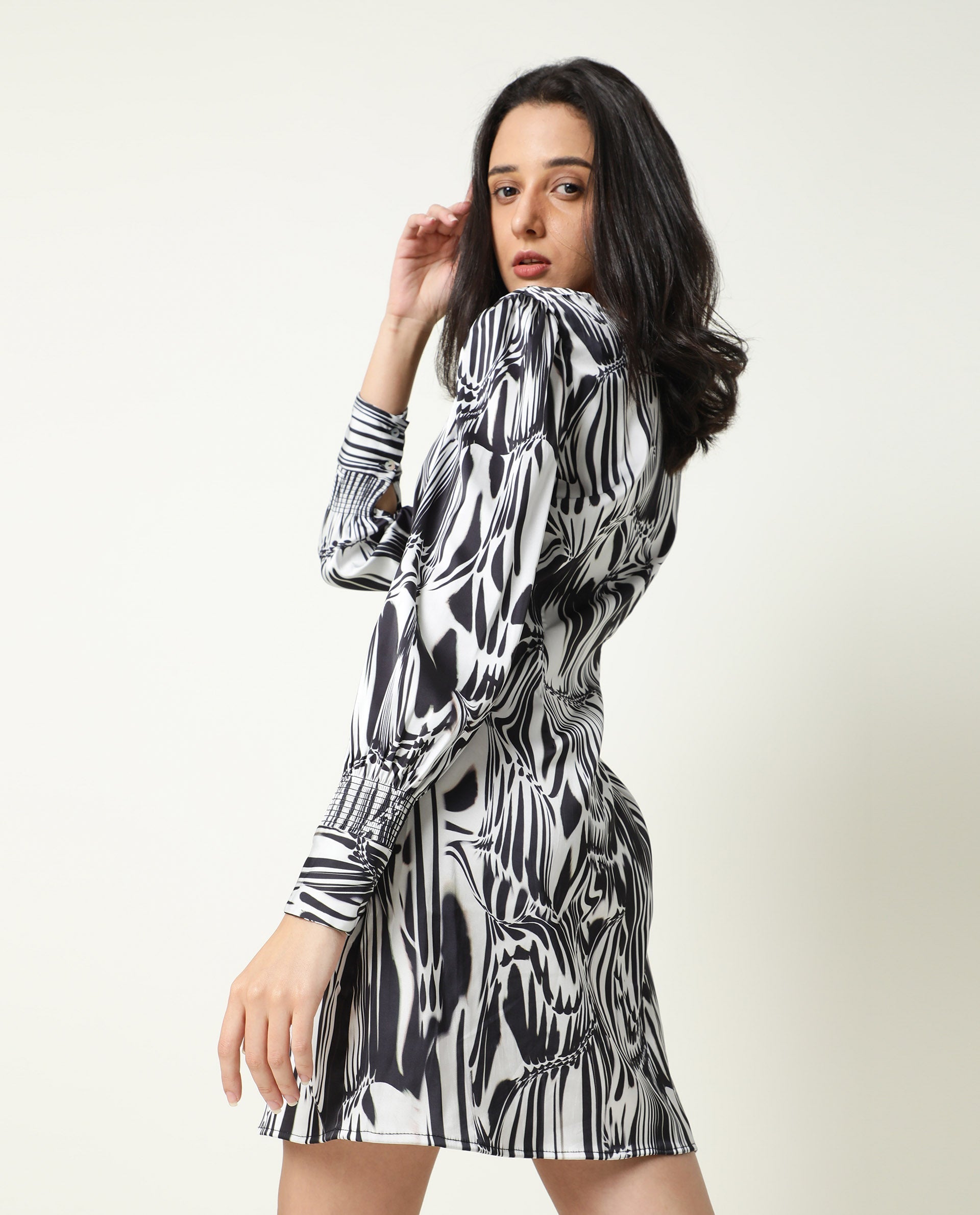 Rareism Women Fold Black Abstract Print Band Collar 3/4 Sleeves With Cuff Mini Dress