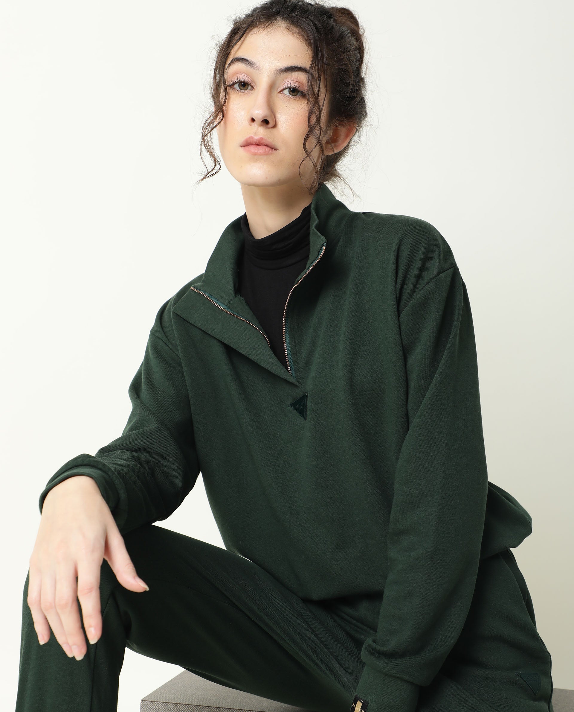 Rareism Women Taffy-1 Green Relaxed Fit Full Sleeves Solid High Neck Sweatshirt