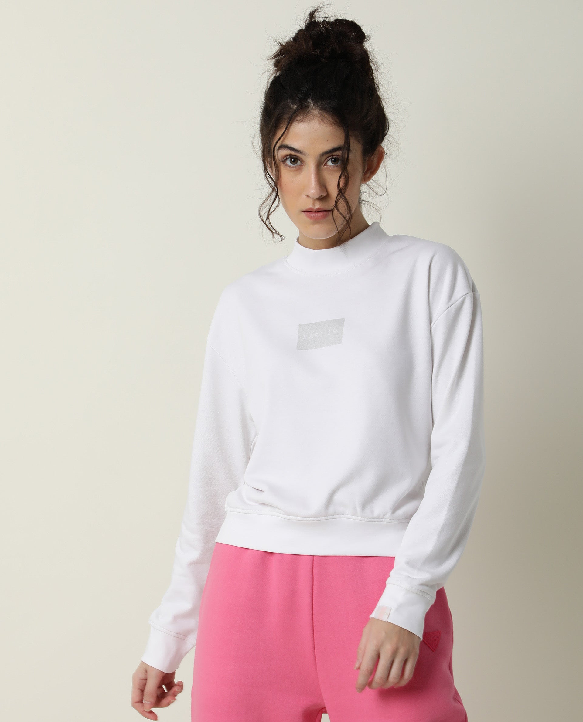 Rareism Women's Hectare White Cotton Blend High Neck Plain Relaxed Fit Sweatshirt
