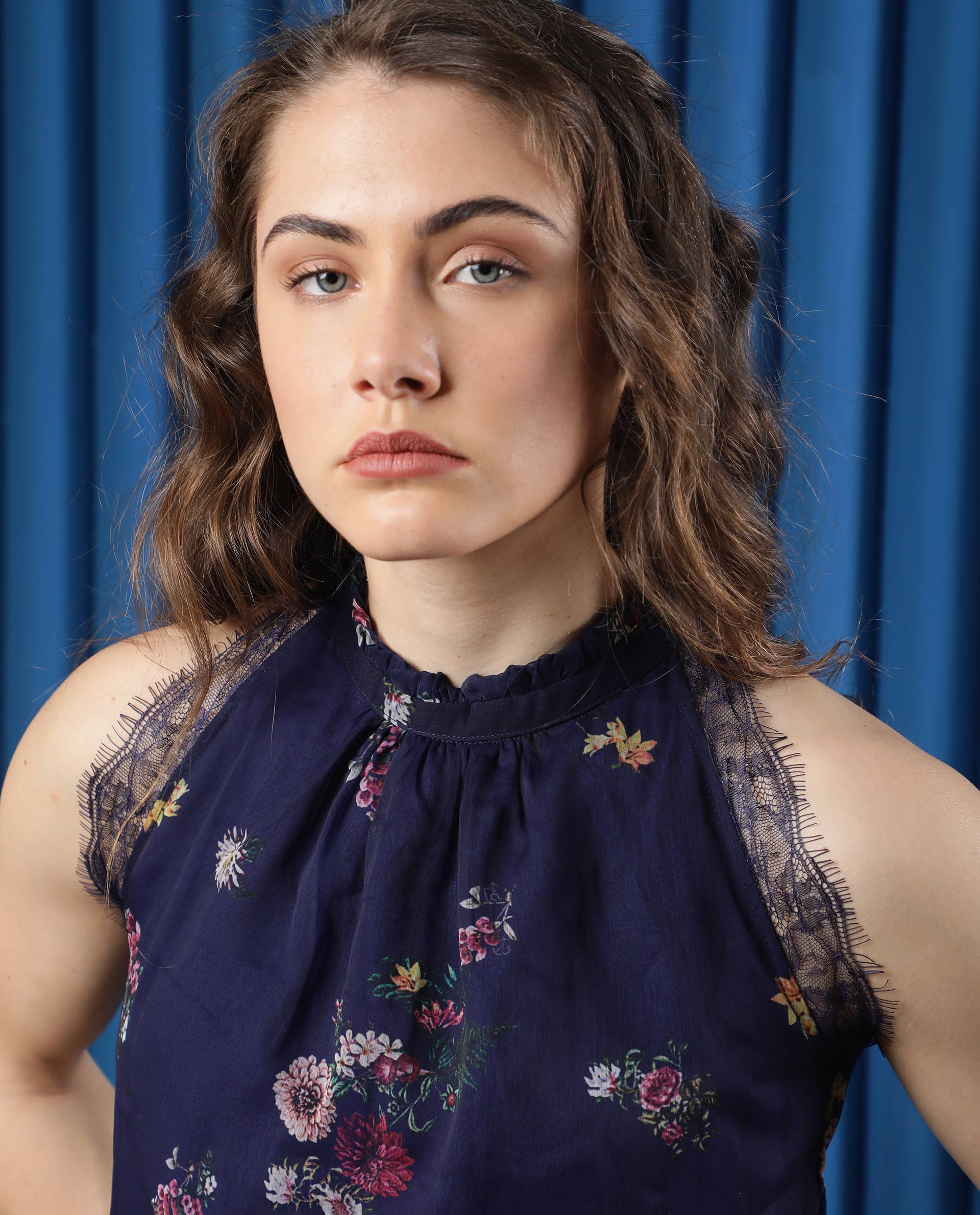 Rareism Women's Delins Blue Polyester High Neck Floral Print Sleeveless Regular Fit Top