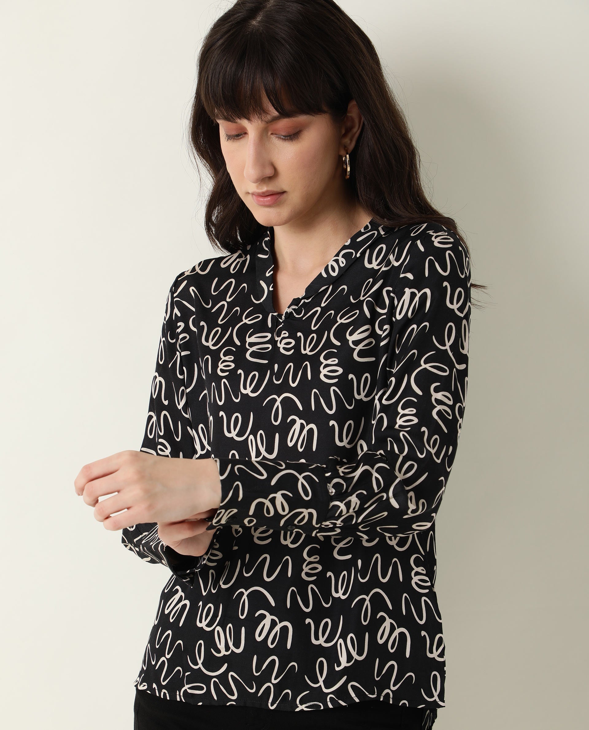 Rareism Womens Zesh Black Top Modal Satin Fabric Regular Fit Full Sleeve High Neck