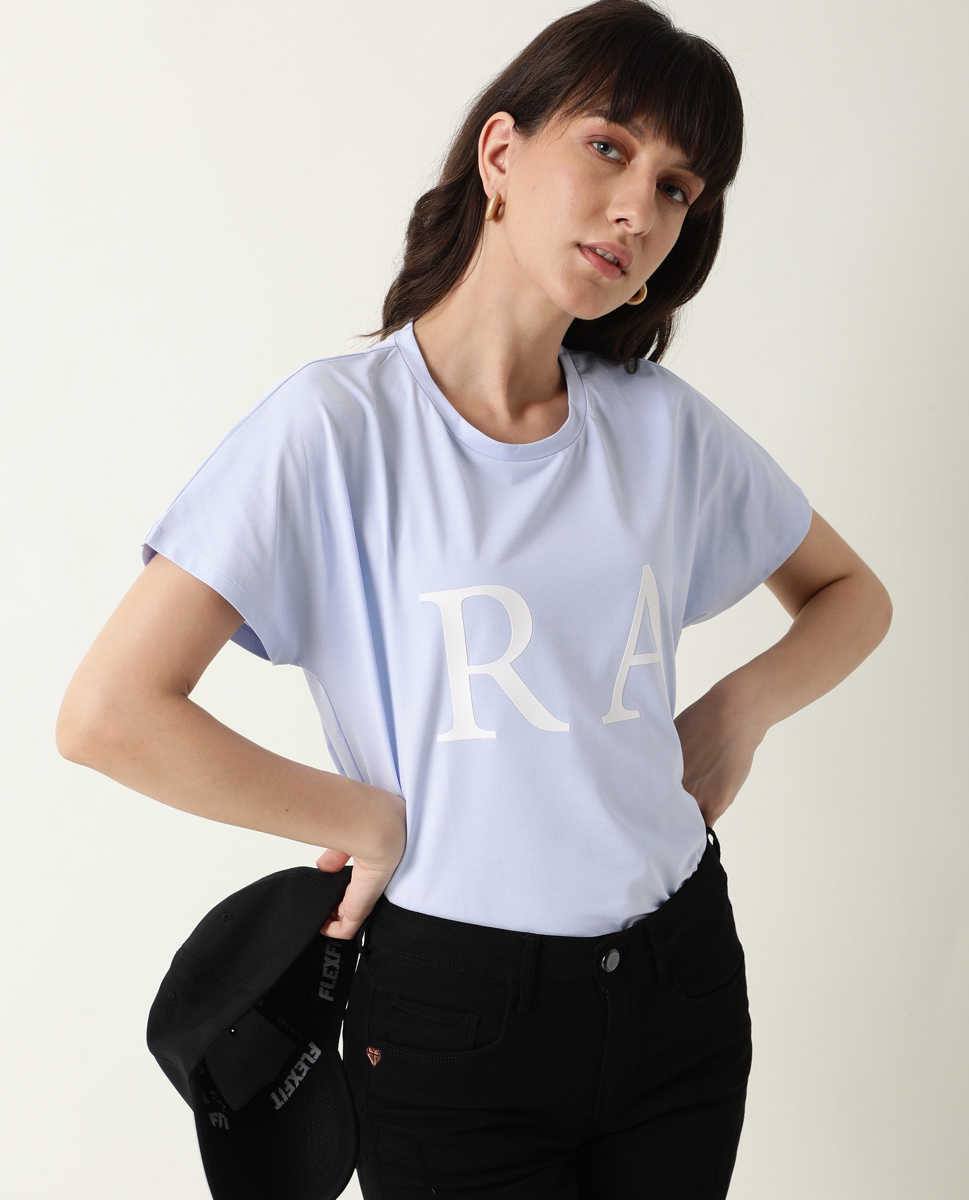 Rareism Women's Hush Blue Polyester Blend Crew Neck Graphic Print Regular Fit T-Shirt