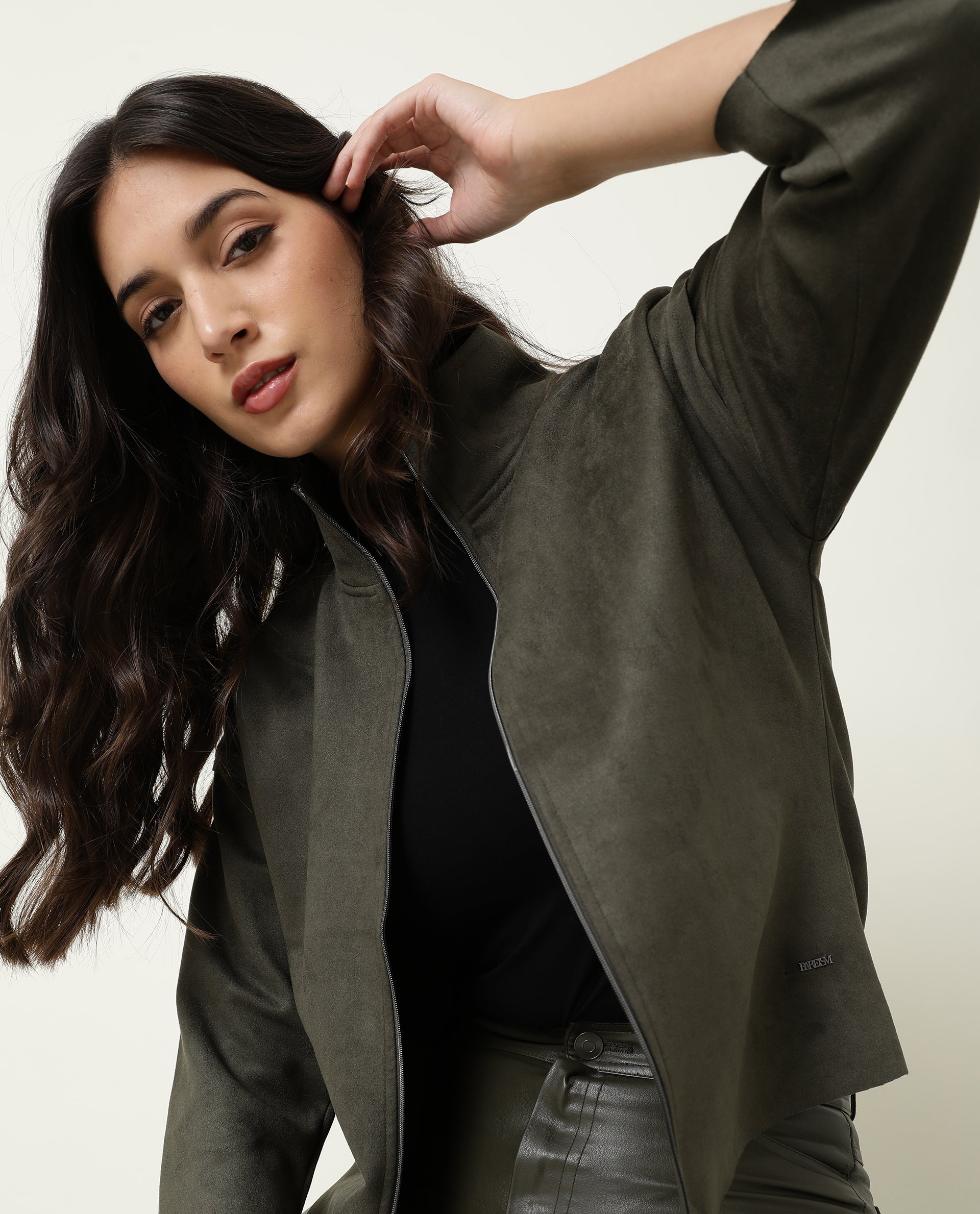 Rareism Women Vasu Olive Polyester Fabric 3/4Th Sleeves Solid High Neck Jacket