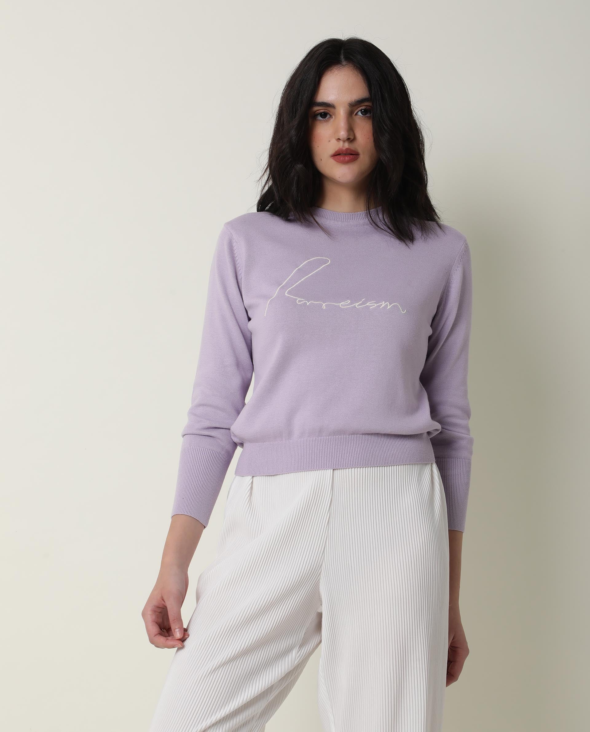 Rareism Women Plusho Light Purple Cotton Fabric Full Sleeves Regular Fit Embroidered Round Neck Sweater