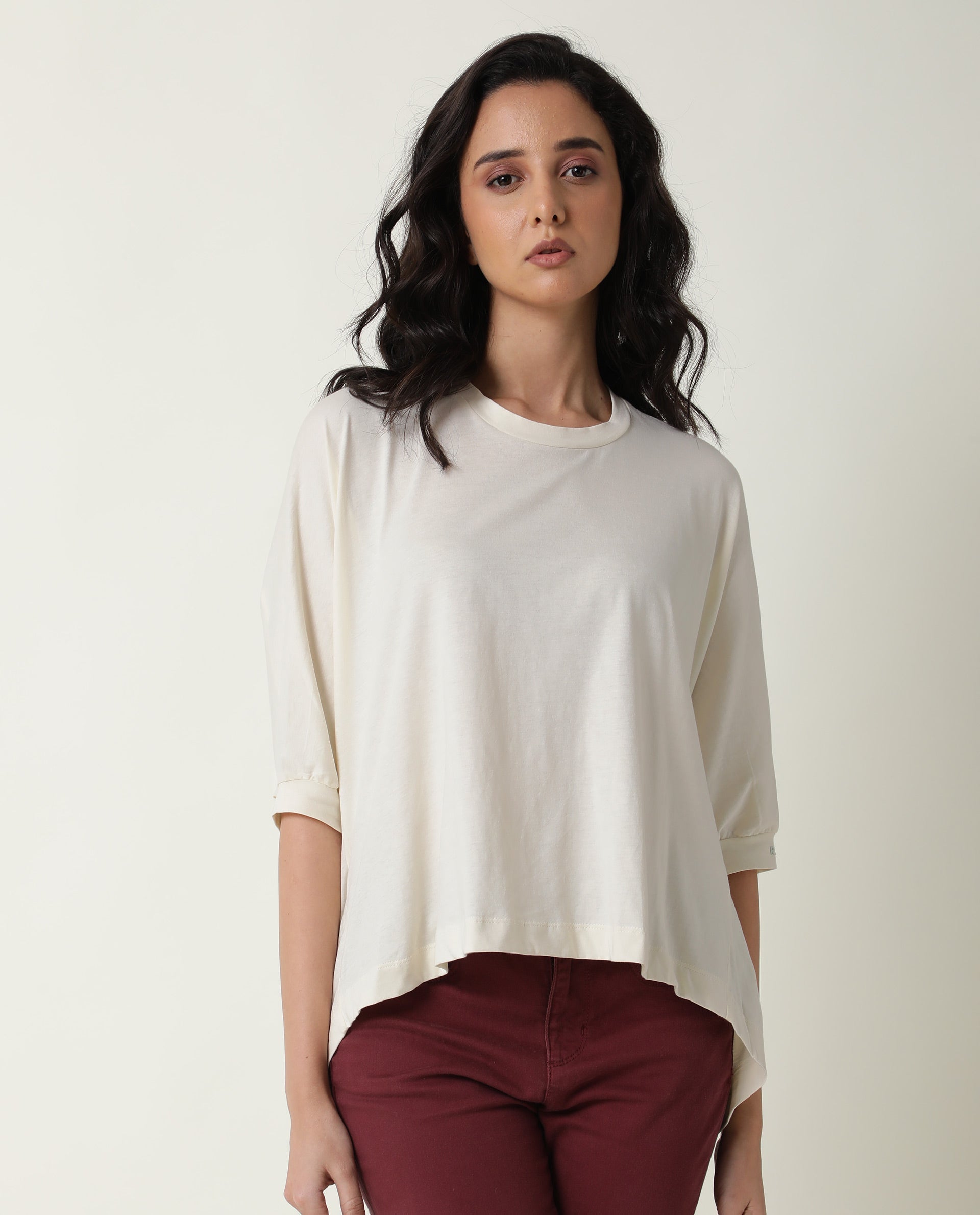 Rareism Women Osmo Off White Cotton Fabric Relaxed Fit Round Neck 3/4Th Sleeves Solid Top